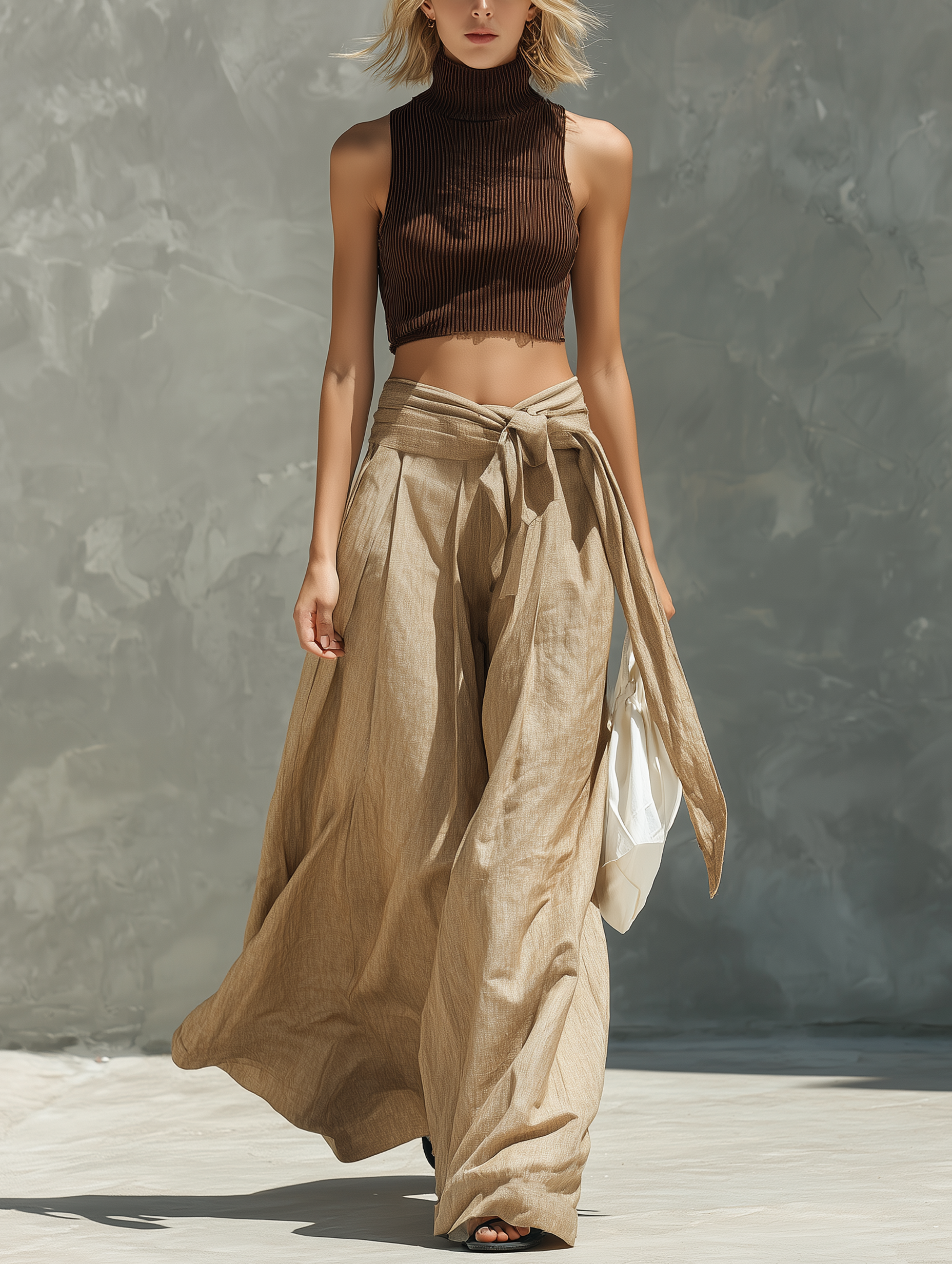 Women's Casual Brown Knitted Sleeveless Mock-Neck Top Paired With Khaki Cotton-Linen Trousers MDZ2052E8LXY