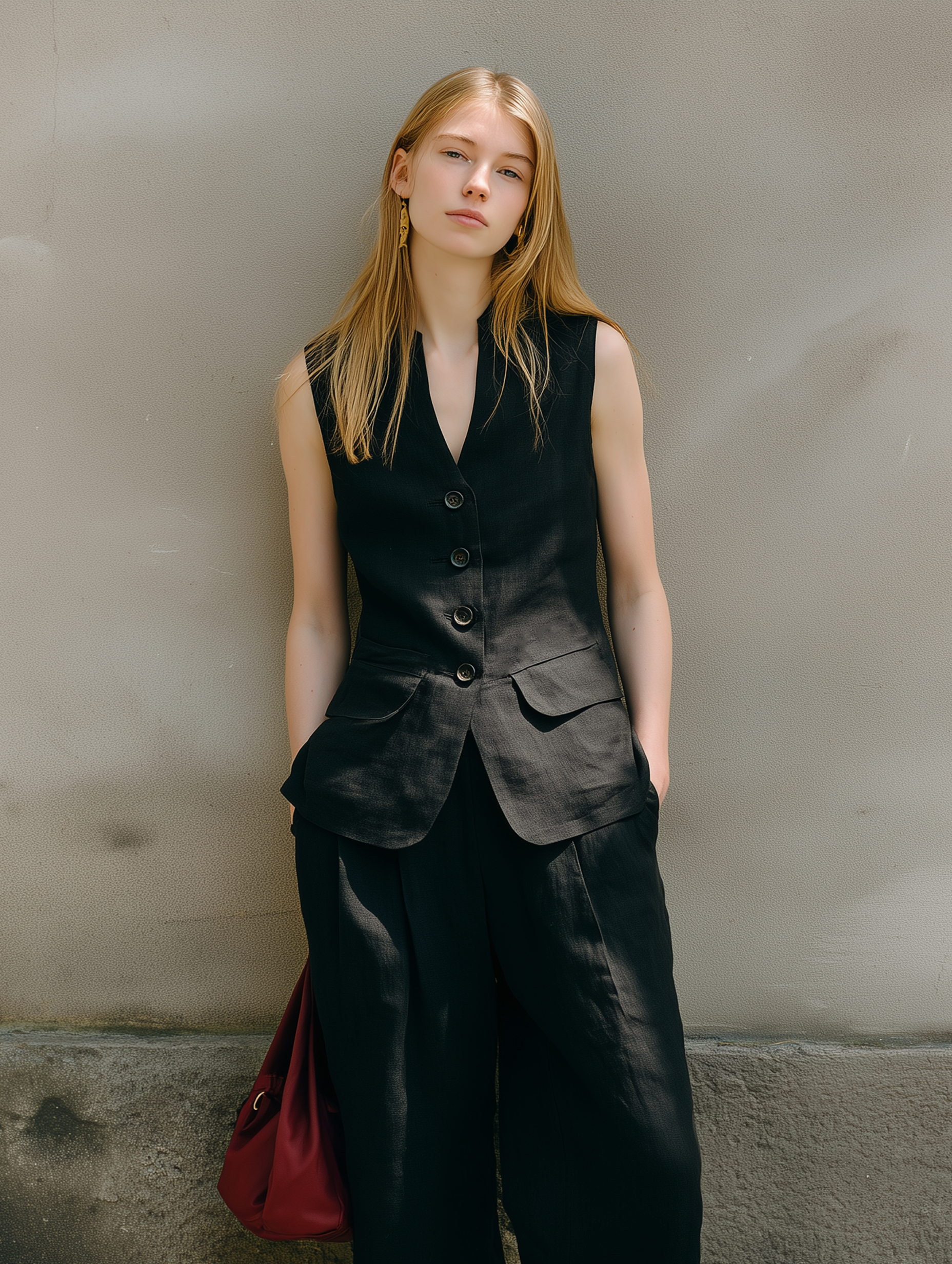 Women's Casual Black Cotton-Linen Sleeveless Suit Vest Paired With Cropped Trousers MDZ2052E4LXY