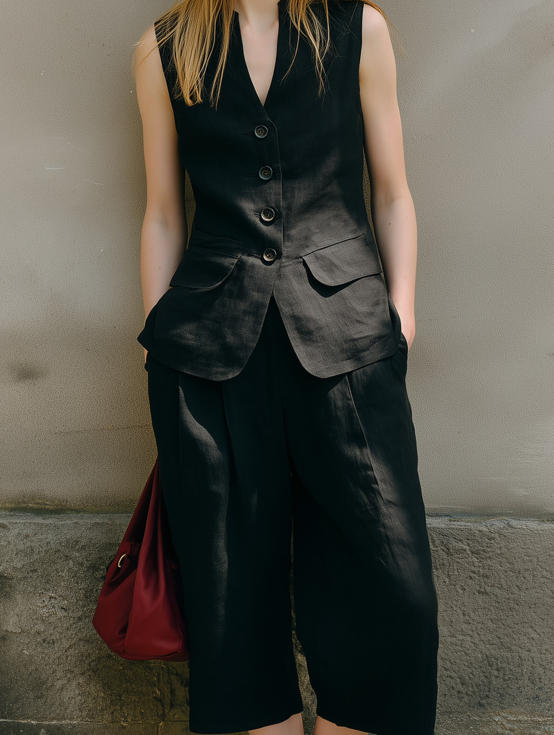 Women's Casual Black Cotton-Linen Sleeveless Suit Vest Paired With Cropped Trousers MDZ2052E4LXY