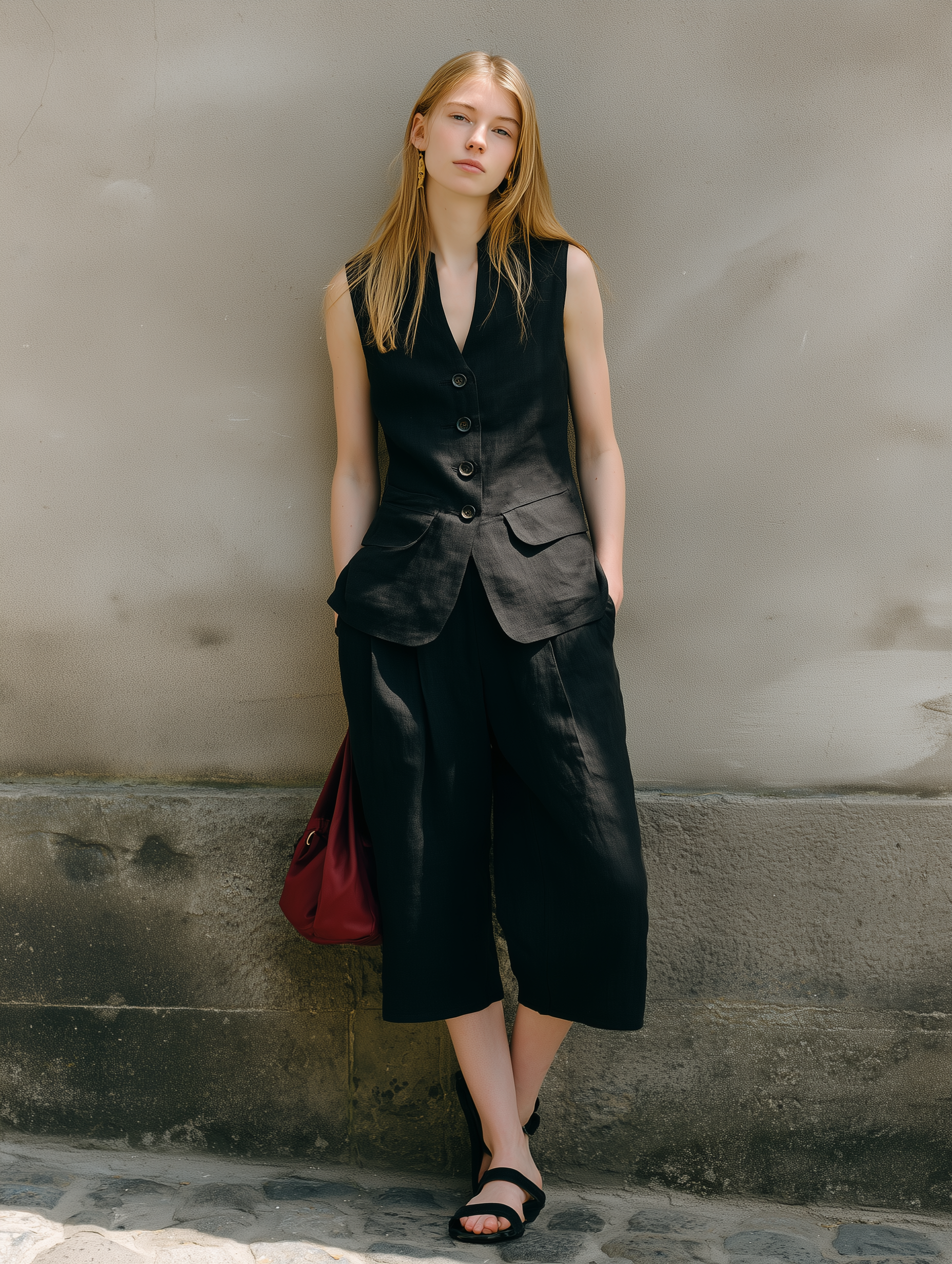 Women's Casual Black Cotton-Linen Sleeveless Suit Vest Paired With Cropped Trousers MDZ2052E4LXY