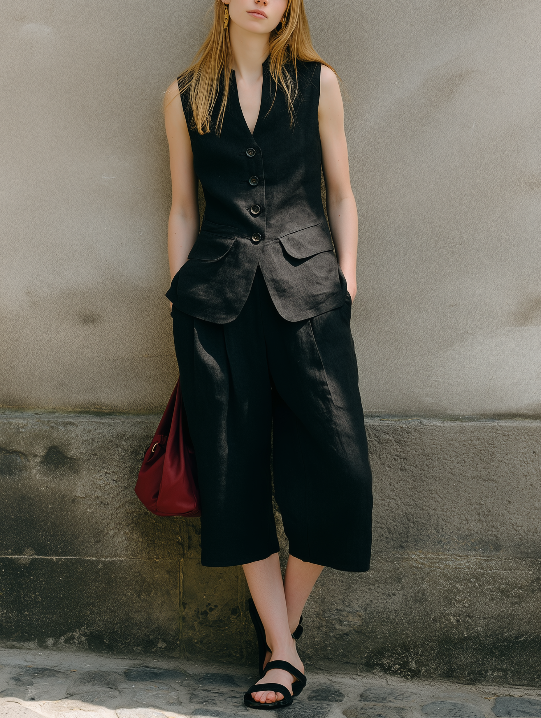 Women's Casual Black Cotton-Linen Sleeveless Suit Vest Paired With Cropped Trousers MDZ2052E4LXY