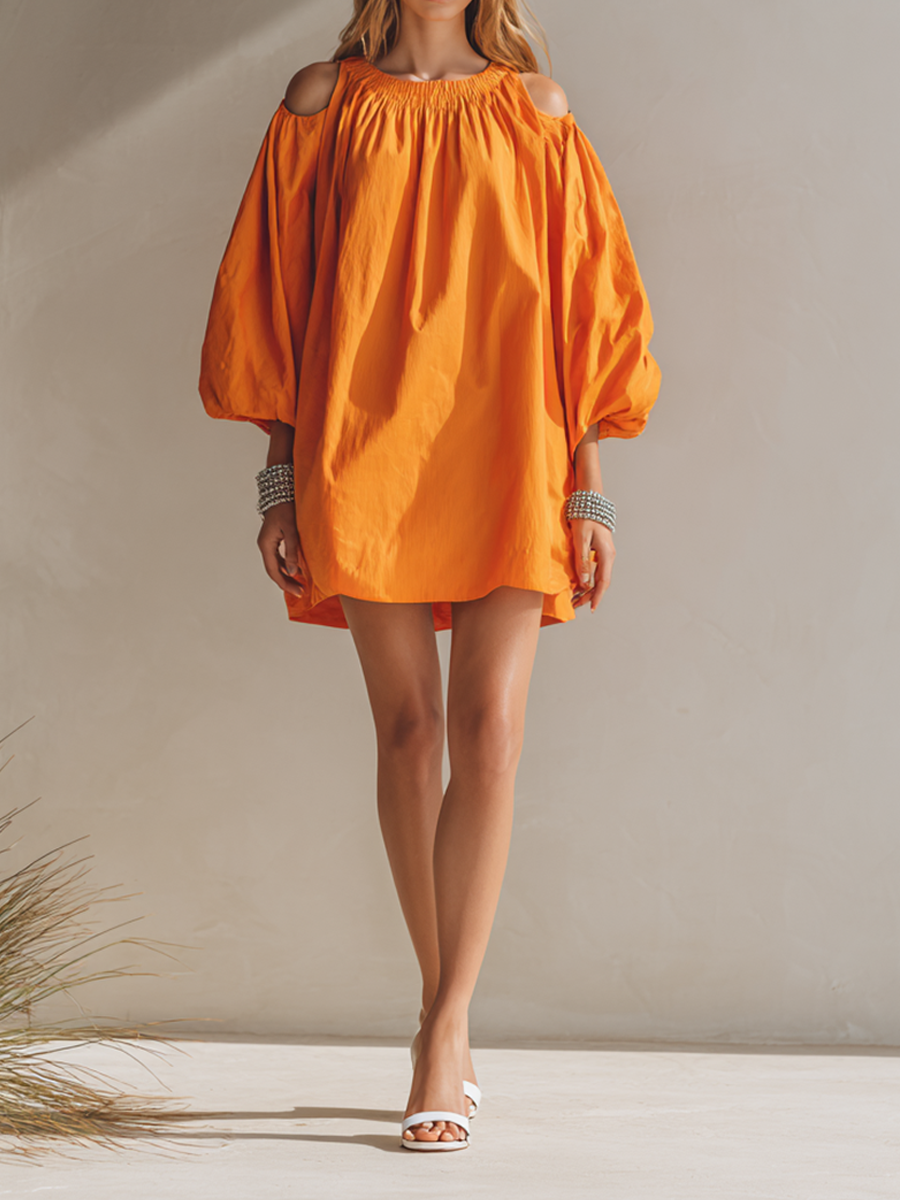 Women’s Minimalist Linen-Blend Cold-Shoulder Balloon Sleeve Mini Dress MDZ2143E9ZRK