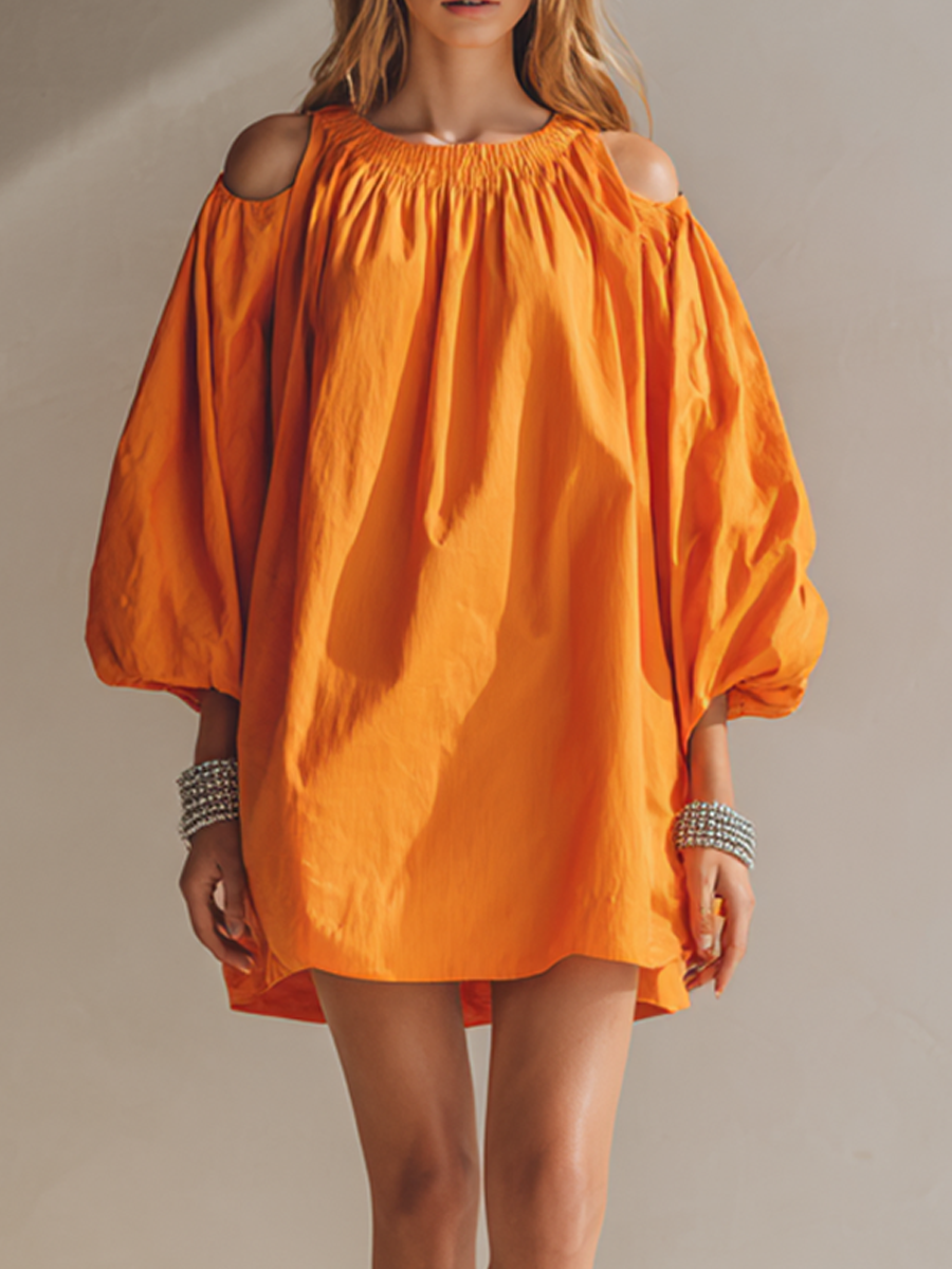 Women’s Minimalist Linen-Blend Cold-Shoulder Balloon Sleeve Mini Dress MDZ2143E9ZRK