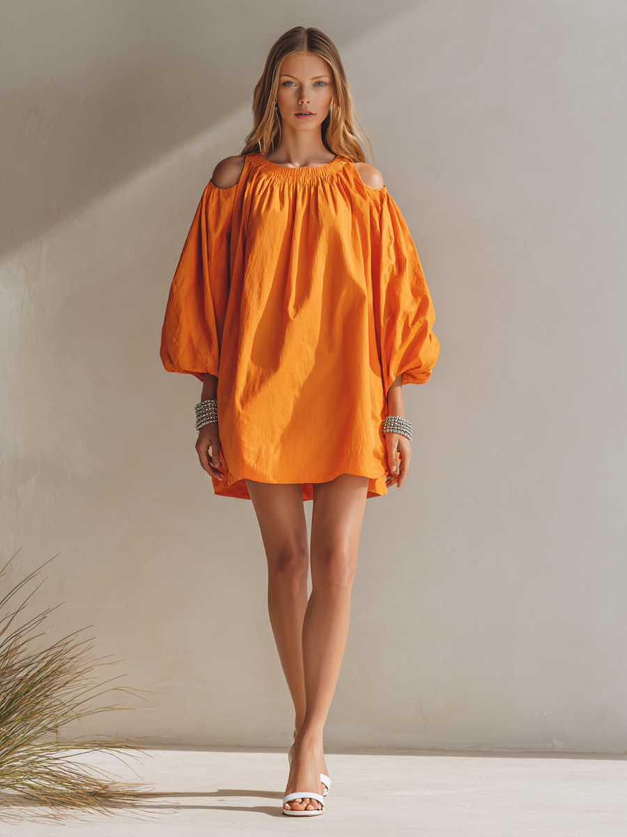 Women’s Minimalist Linen-Blend Cold-Shoulder Balloon Sleeve Mini Dress MDZ2143E9ZRK