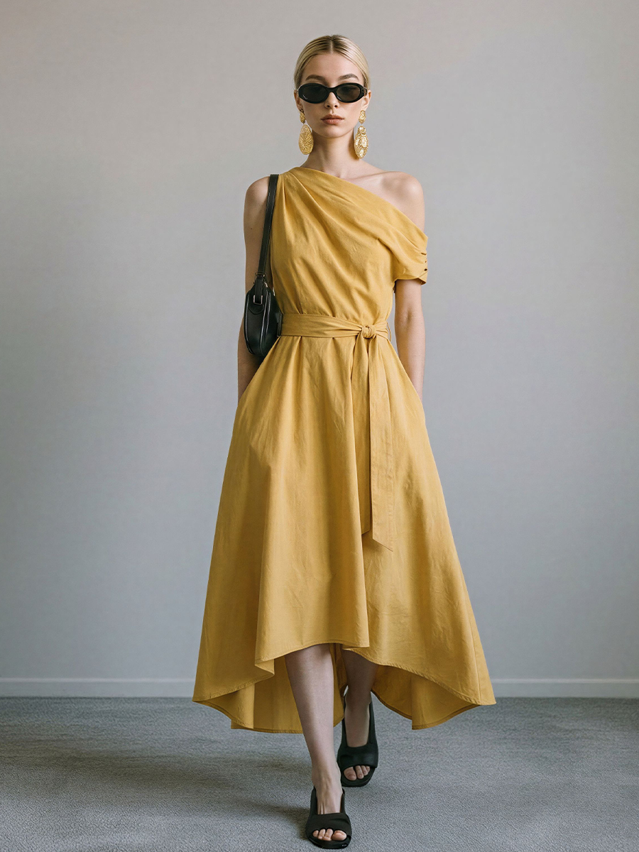 Women's Mustard Yellow Linen-Blend Midi Dress With Asymmetrical One-Sh Modesees Women's Mustard Yellow Linen-Blend Midi Dress With Asymmetrical One-Sh Modesees