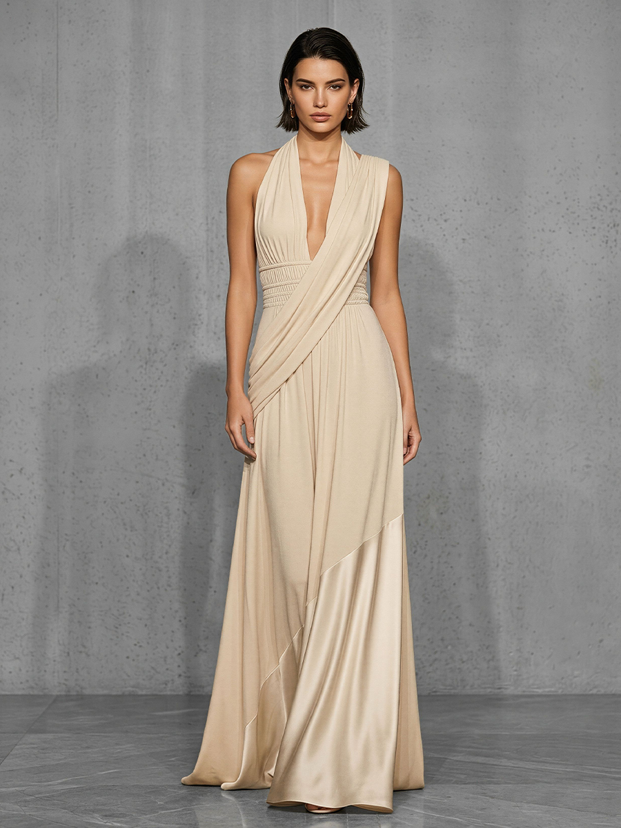 Women's Nude Halter Gown With Draped Cross Over Bodice & Satin Panel Hem, Modern Effortless-Chic Formal Dress MDZ2236E7LYL