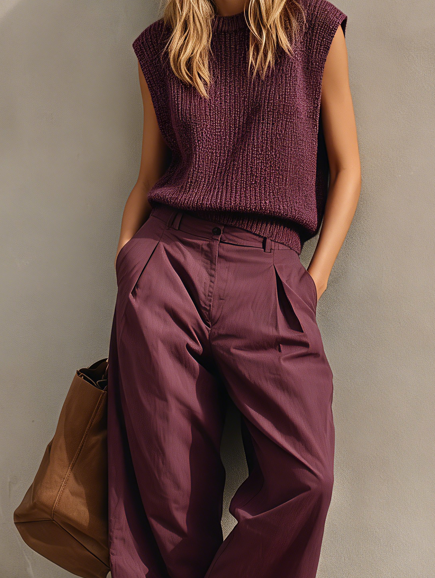 Women's Casual Set: Lightweight Deep Purple Knitted Sleeveless Vest Paired With Woven Cropped Trousers MDZ2217E0LXY