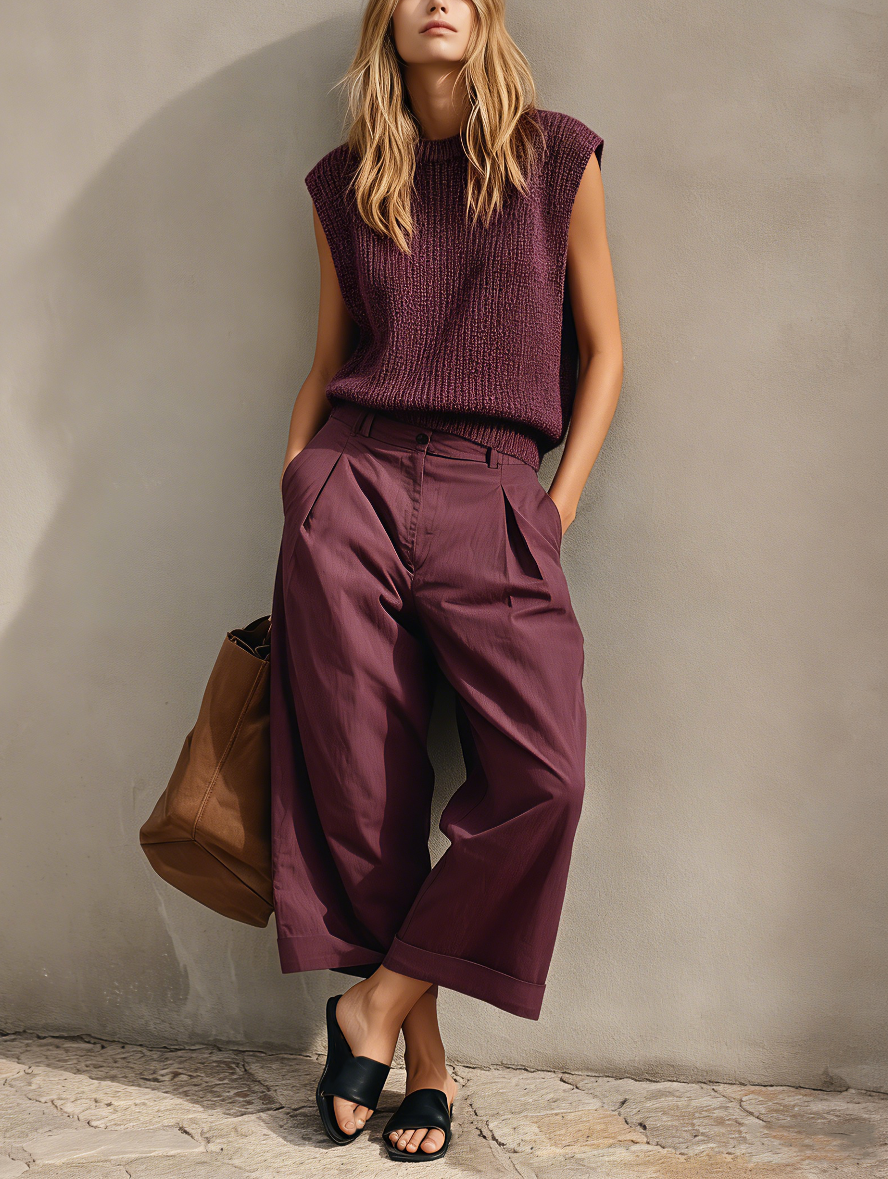 Women's Casual Set: Lightweight Deep Purple Knitted Sleeveless Vest Paired With Woven Cropped Trousers MDZ2217E0LXY