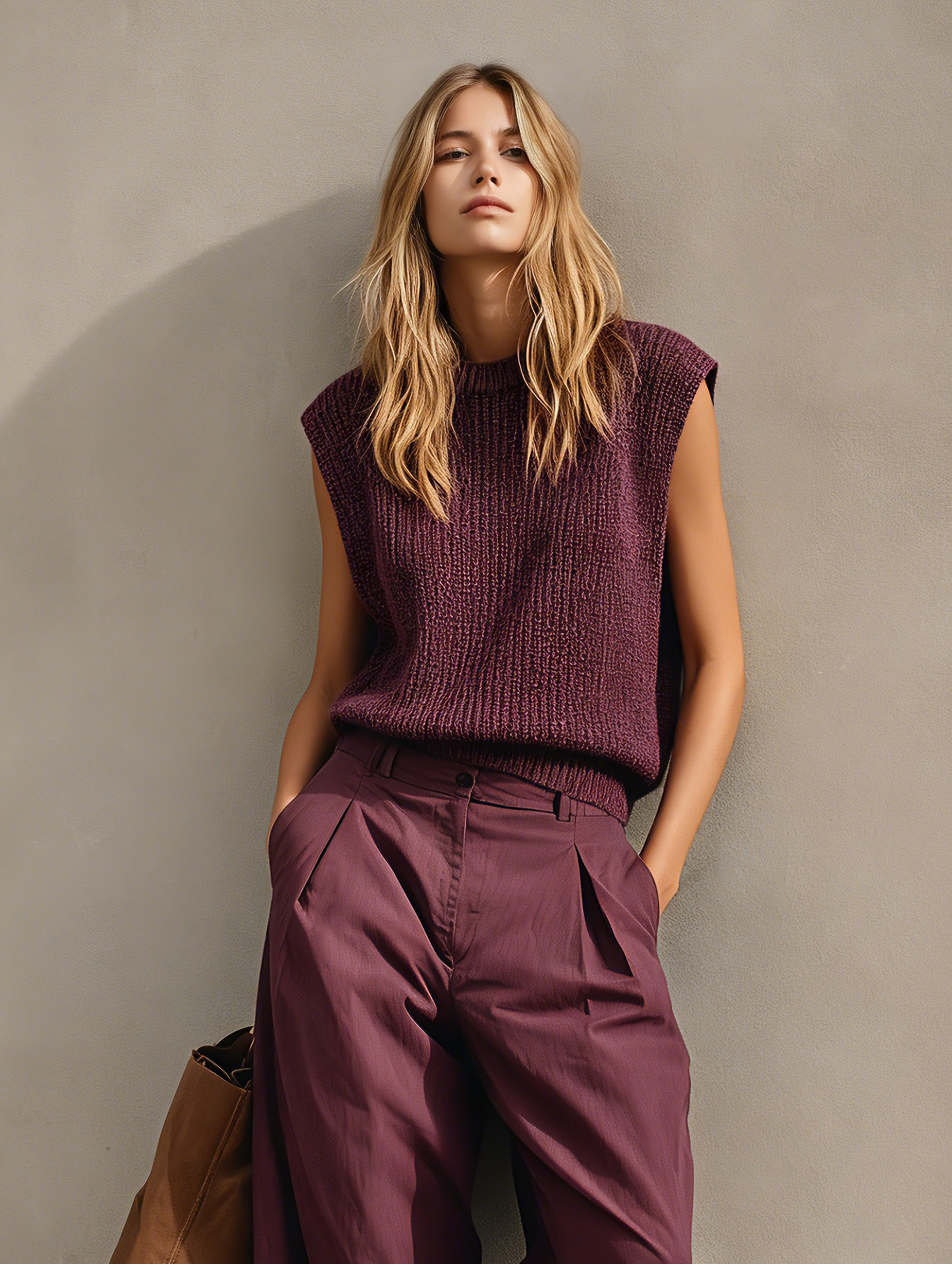 Women's Casual Set: Lightweight Deep Purple Knitted Sleeveless Vest Paired With Woven Cropped Trousers MDZ2217E0LXY