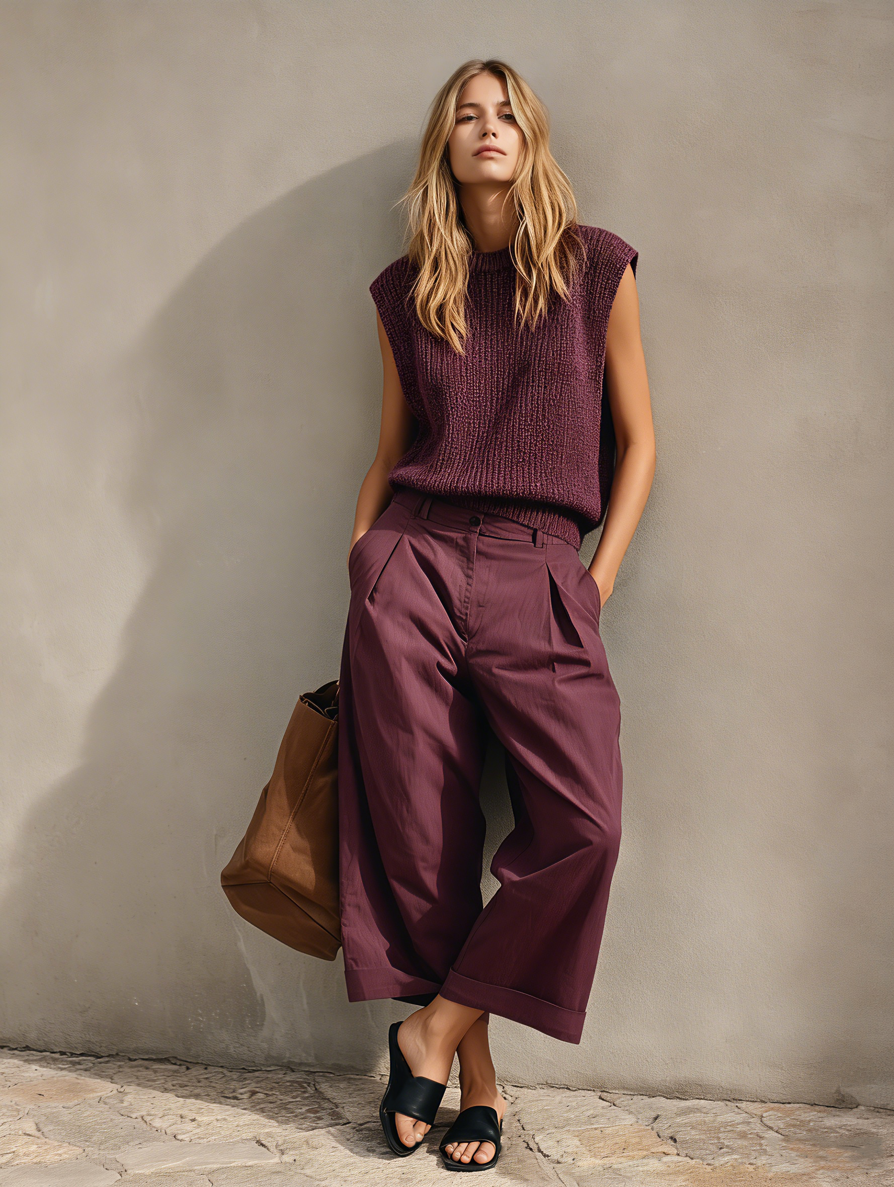 Women's Casual Set: Lightweight Deep Purple Knitted Sleeveless Vest Paired With Woven Cropped Trousers MDZ2217E0LXY