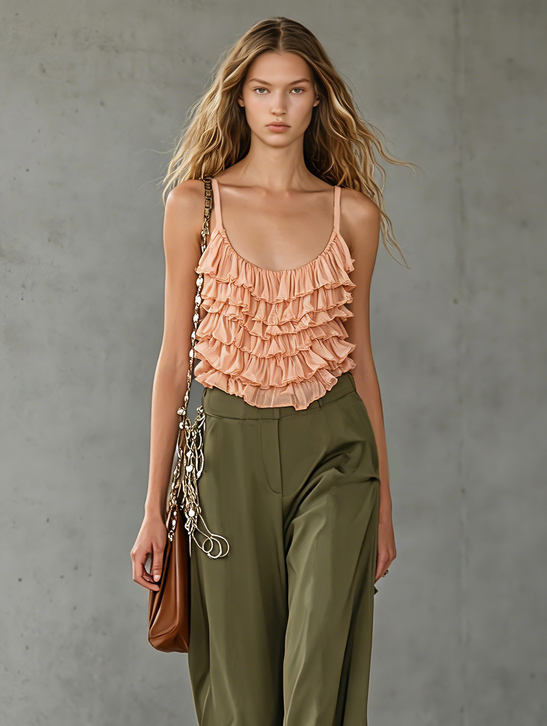 Women's Casual Apricot Chiffon Ruffled Sleeveless Camisole Paired With Dark Green Woven Trousers MDZ2265E2LXY