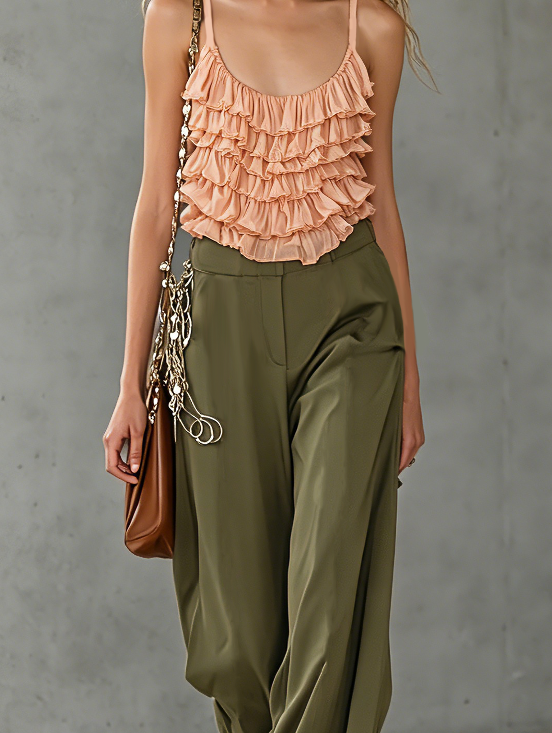 Women's Casual Apricot Chiffon Ruffled Sleeveless Camisole Paired With Dark Green Woven Trousers MDZ2265E2LXY