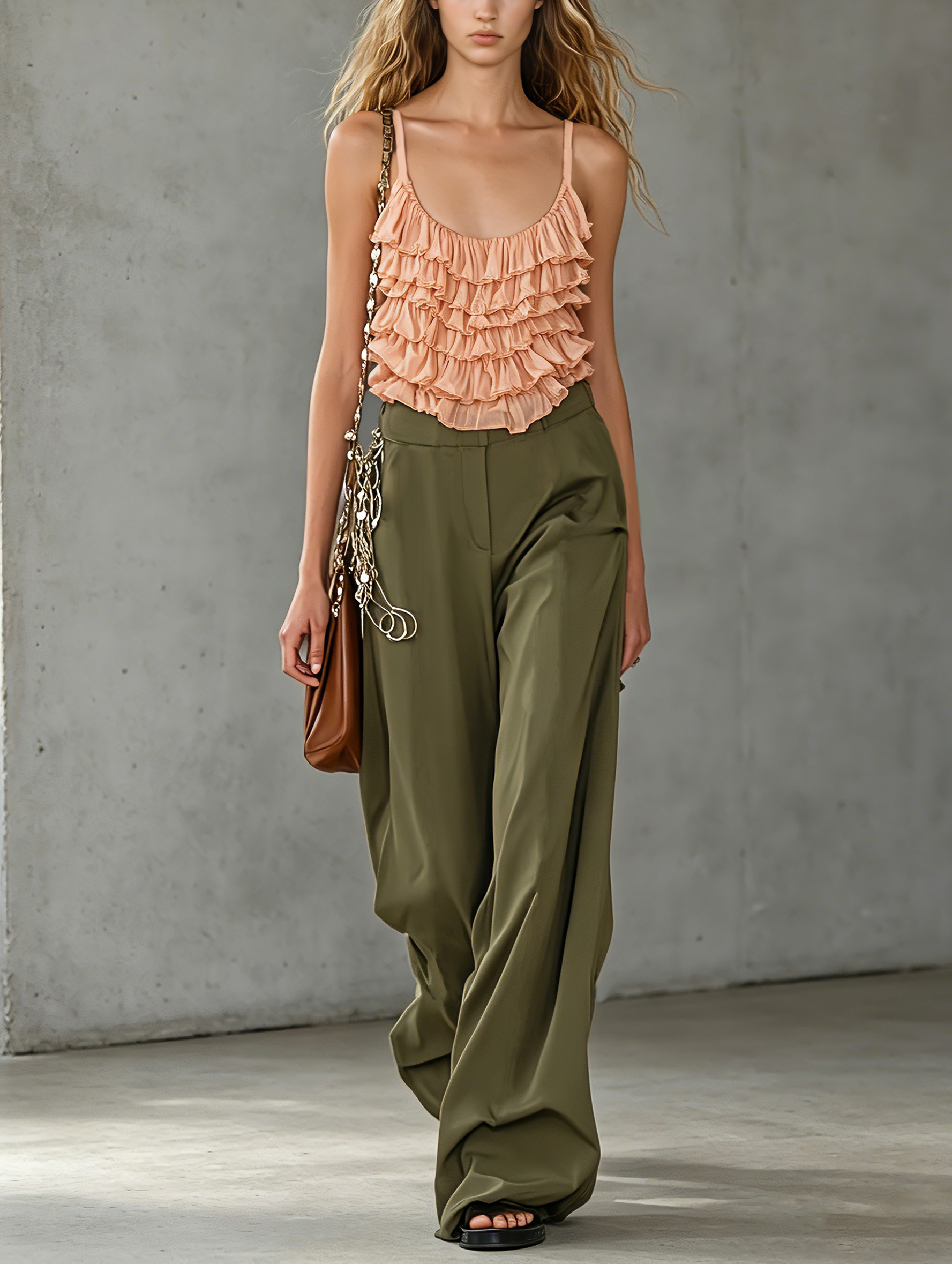 Women's Casual Apricot Chiffon Ruffled Sleeveless Camisole Paired With Dark Green Woven Trousers MDZ2265E2LXY