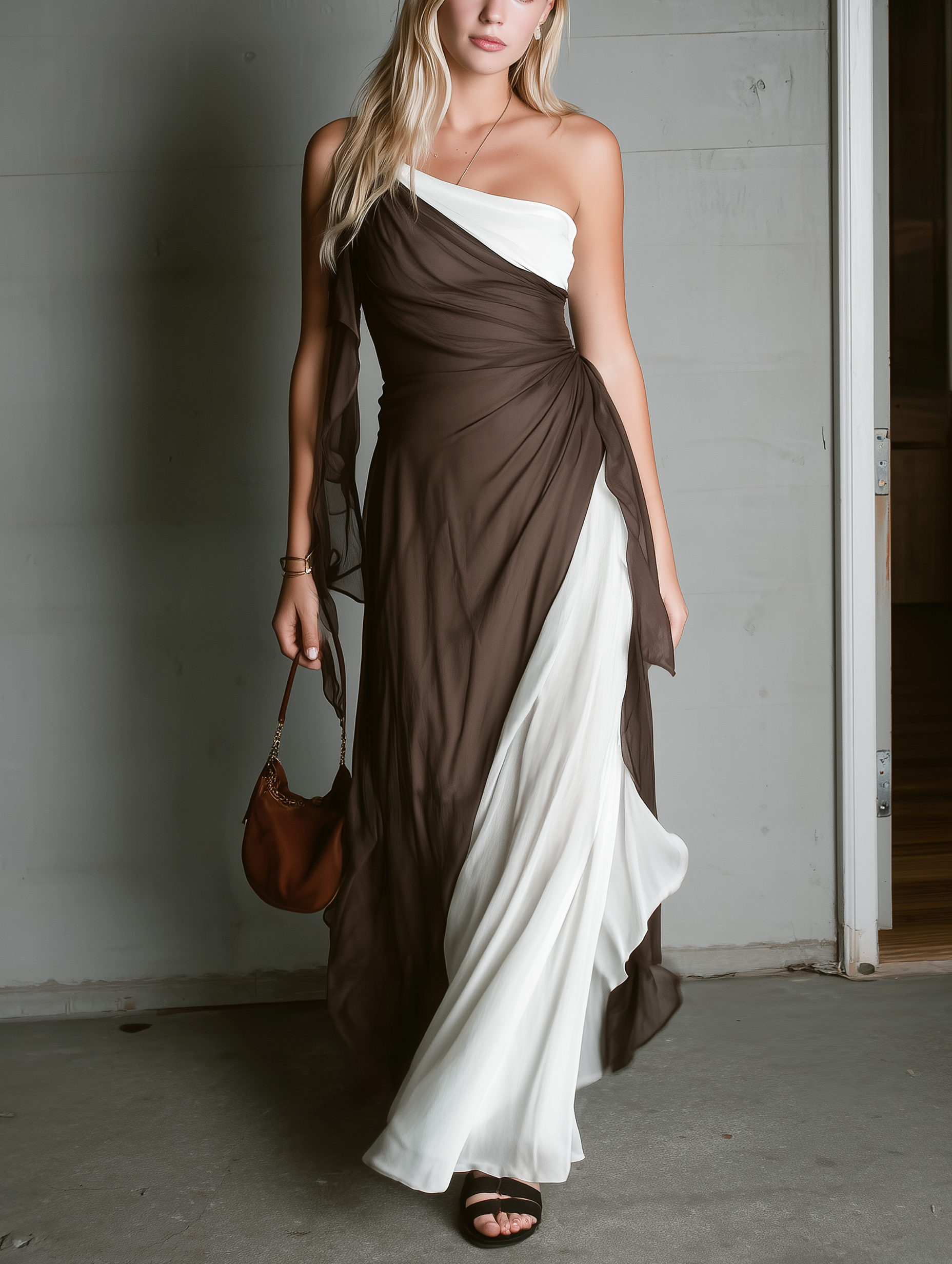 Women's Casual Brown And White Chiffon One-Shoulder Sleeveless Maxi Dress MDZ2250E4LXY