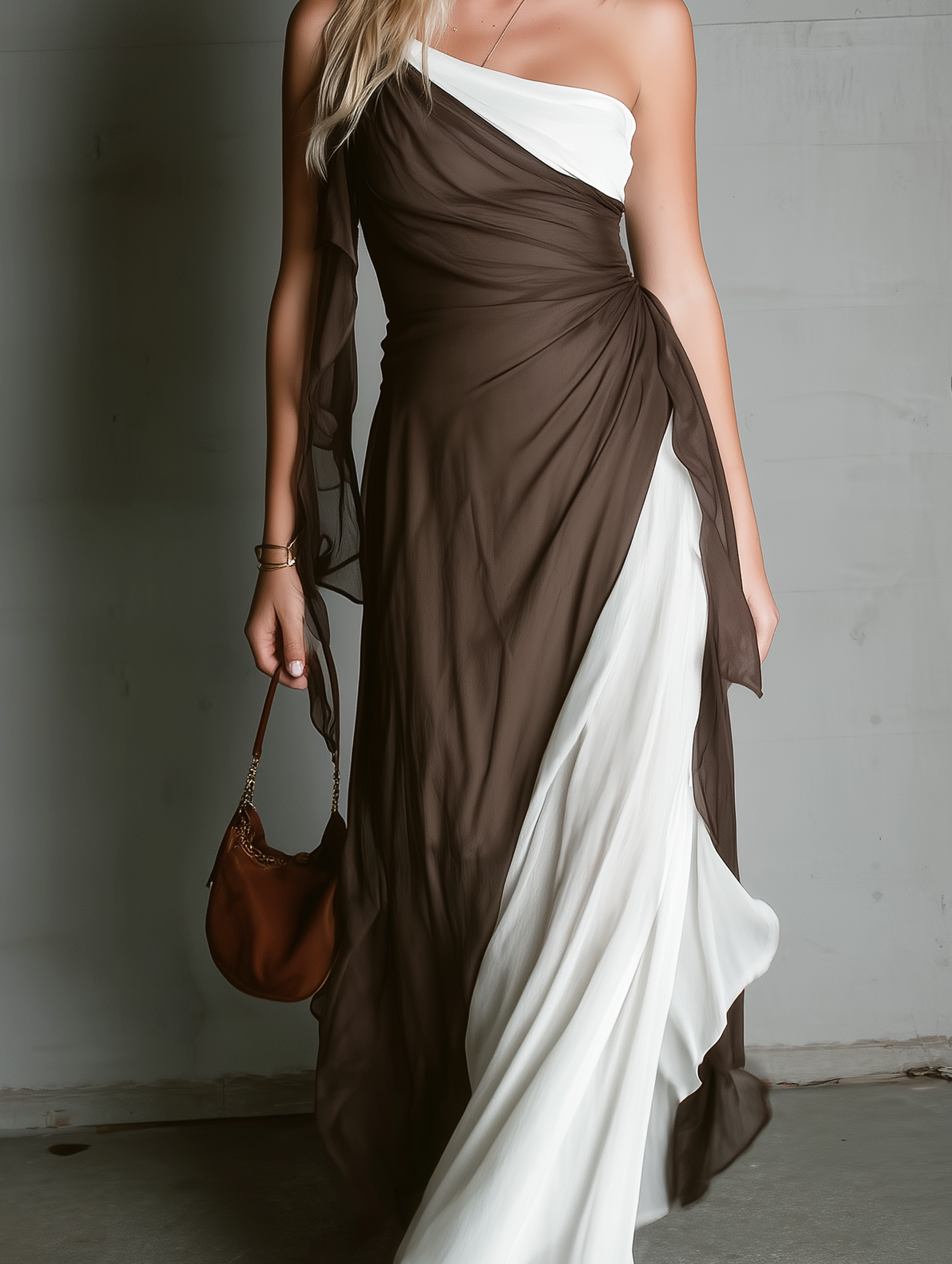 Women's Casual Brown And White Chiffon One-Shoulder Sleeveless Maxi Dress MDZ2250E4LXY