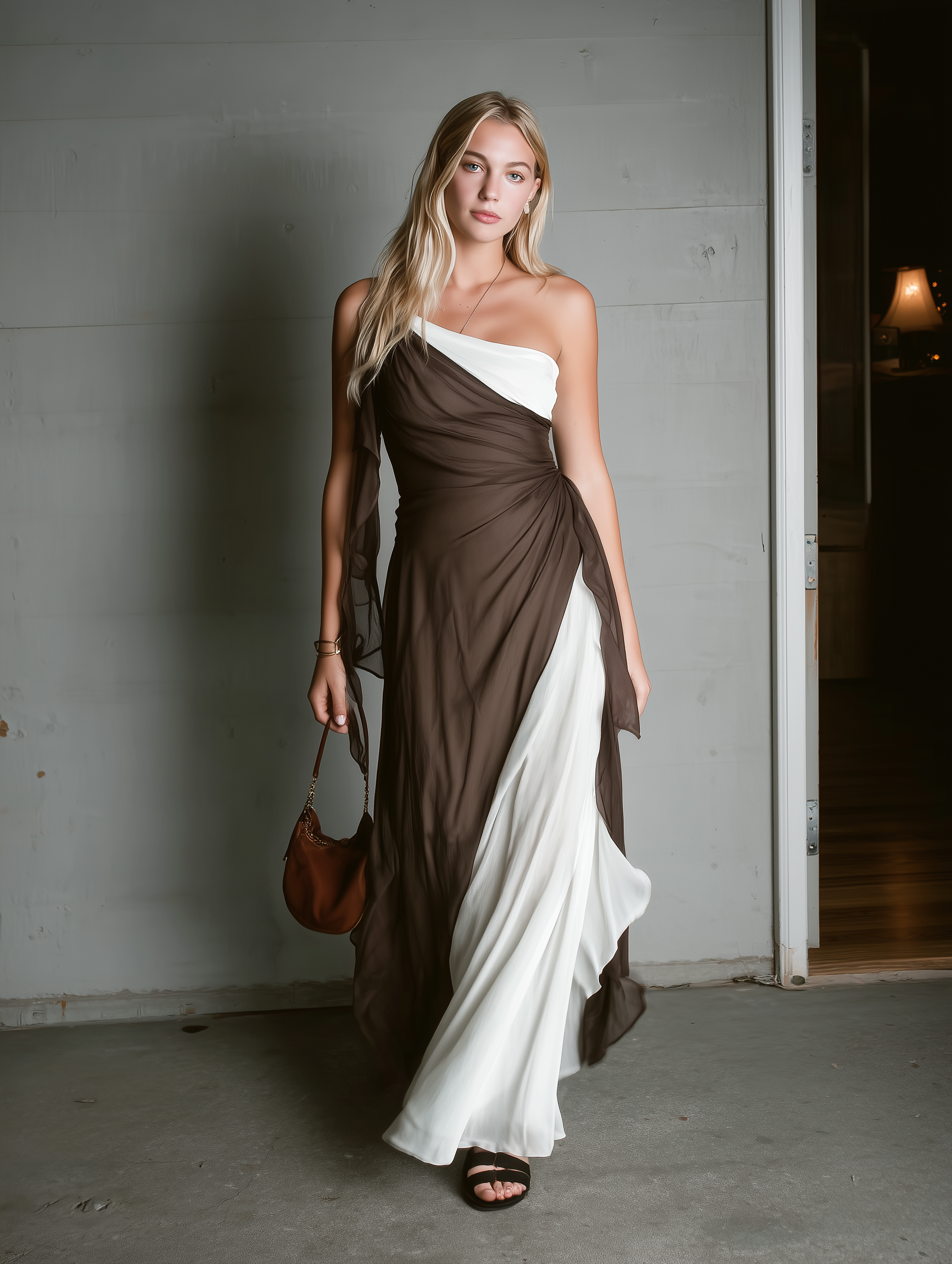 Women's Casual Brown And White Chiffon One-Shoulder Sleeveless Maxi Dress MDZ2250E4LXY