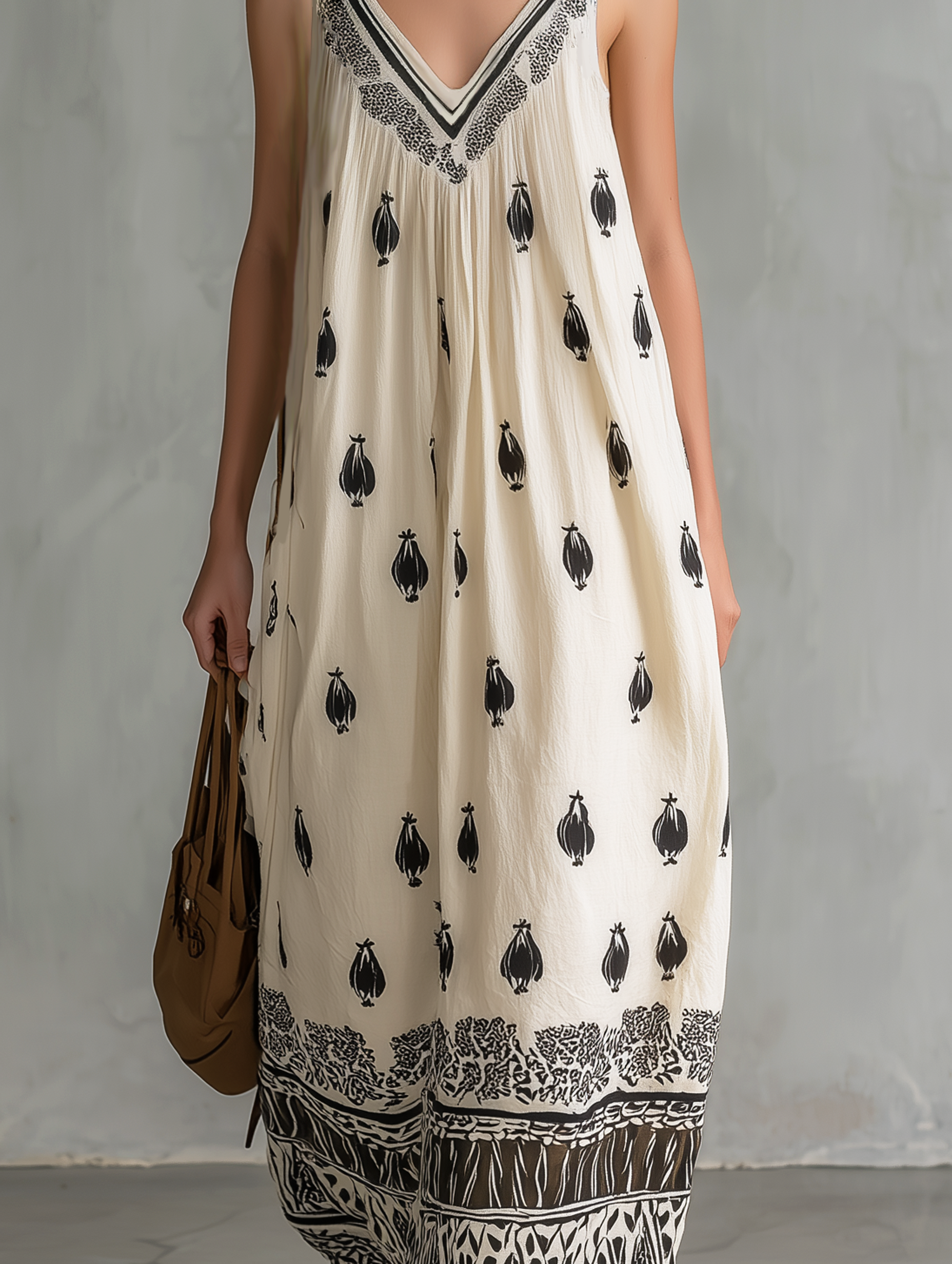 Women's Casual White Printed Woven V-Neck Sleeveless Maxi Dress MDZ2265E8LXY