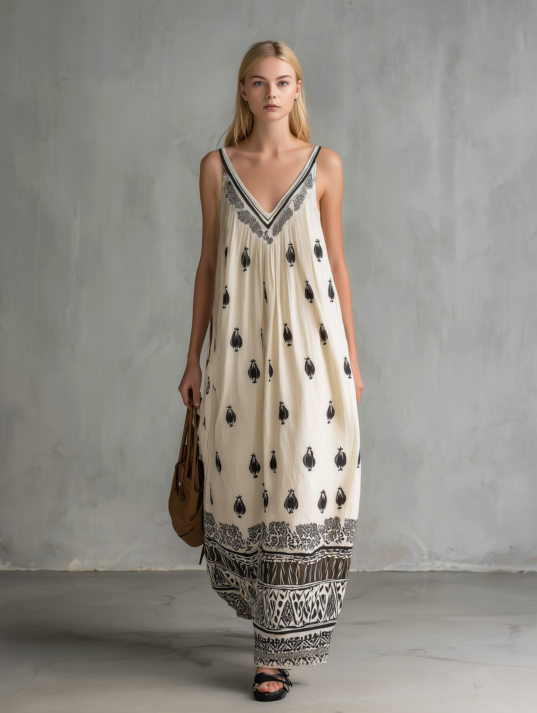Women's Casual White Printed Woven V-Neck Sleeveless Maxi Dress MDZ2265E8LXY