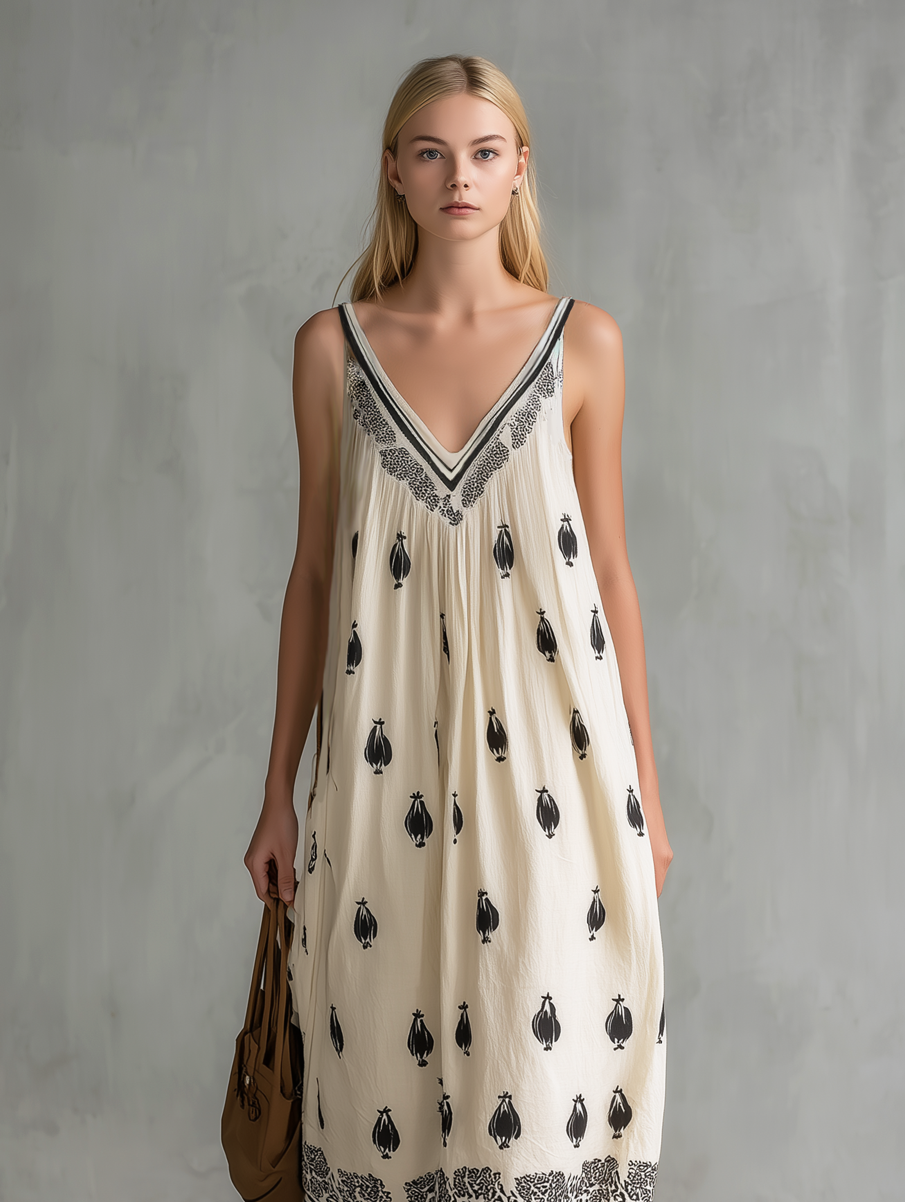 Women's Casual White Printed Woven V-Neck Sleeveless Maxi Dress MDZ2265E8LXY