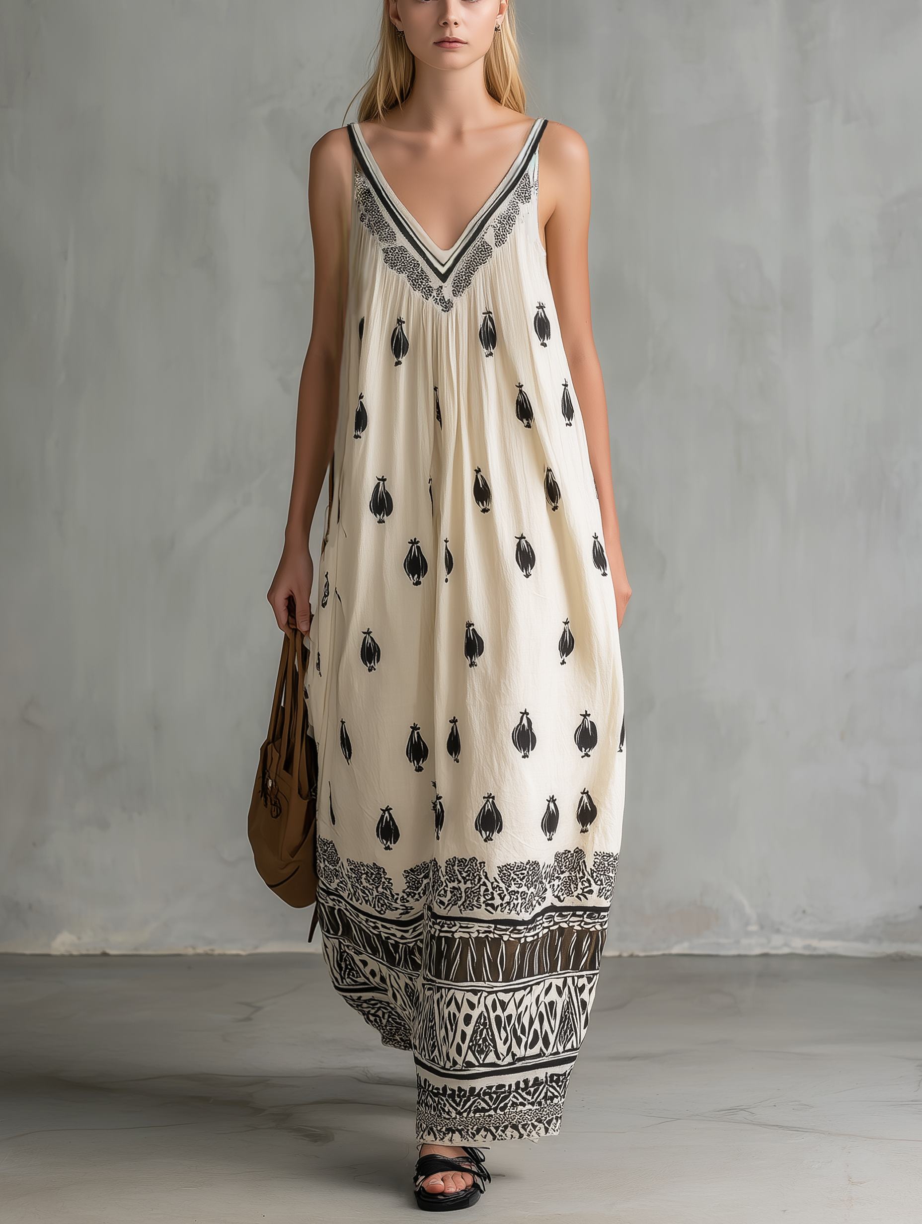 Women's Casual White Printed Woven V-Neck Sleeveless Maxi Dress MDZ2265E8LXY