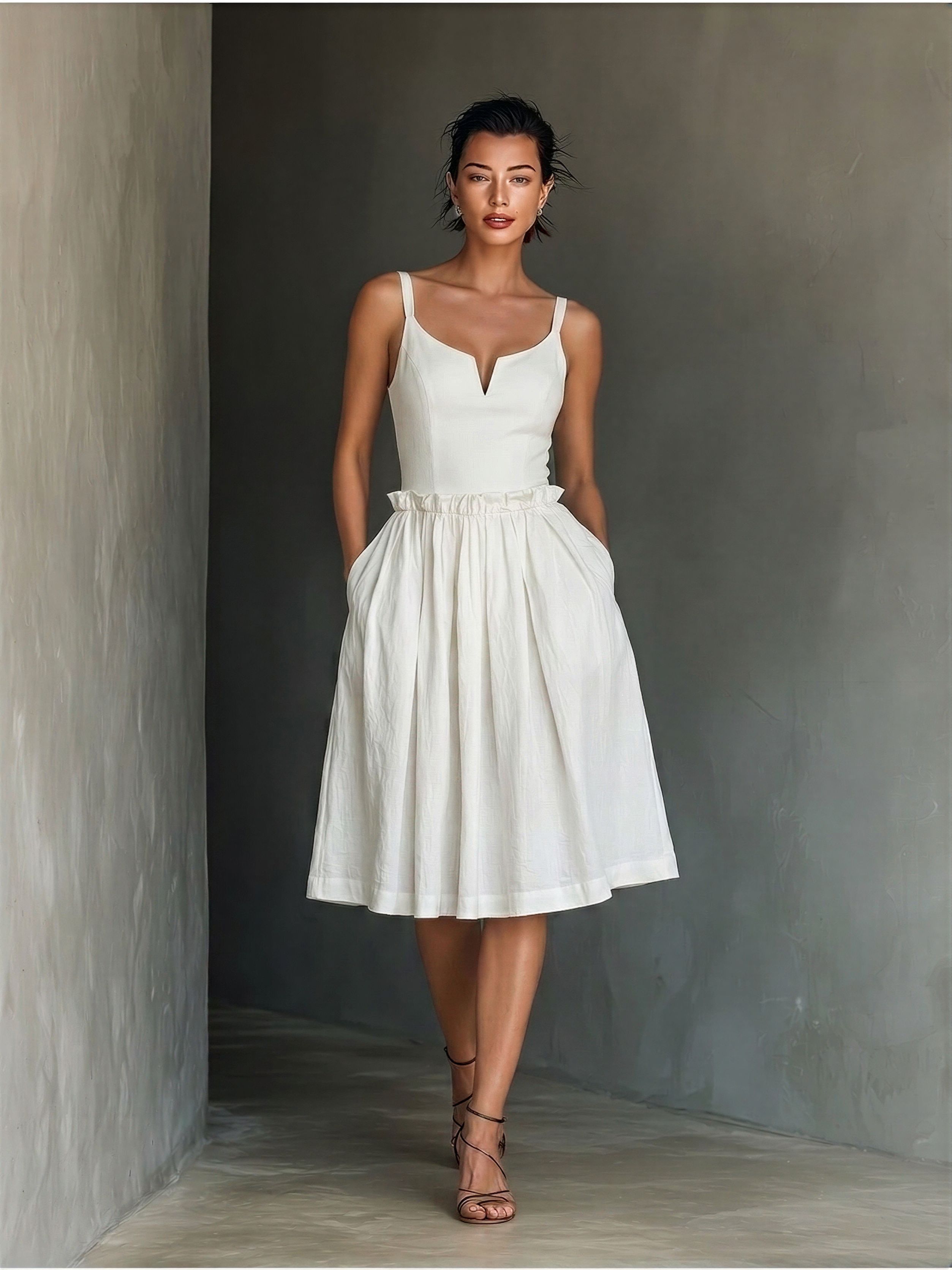 Women’s White Cotton Blend Sweetheart Neckline Midi Dress With Ruffled Waist & Pockets MDZ2242E4T