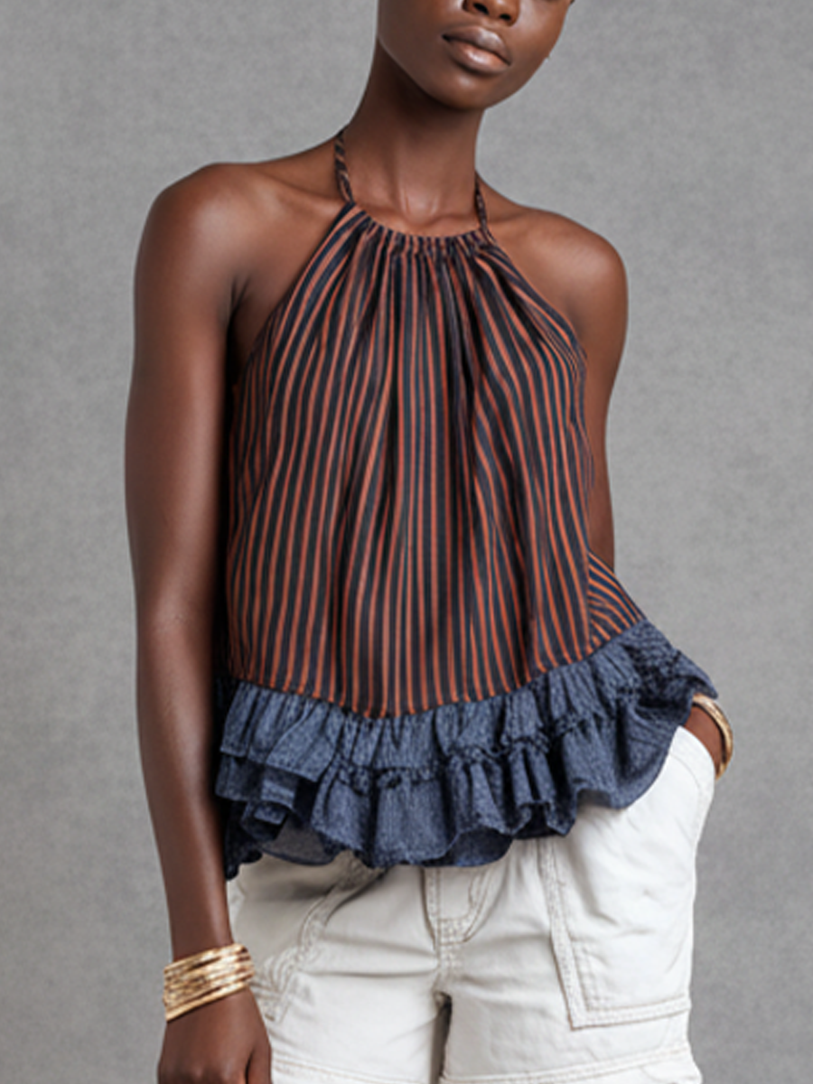 Women's Resort Style Brown And Black Striped Cotton Blend Halter Neck Patchwork Blue Ruffled Short Top MDZ2126E7GMJ