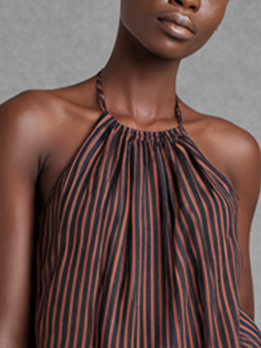 Women's Resort Style Brown And Black Striped Cotton Blend Halter Neck Patchwork Blue Ruffled Short Top MDZ2126E7GMJ