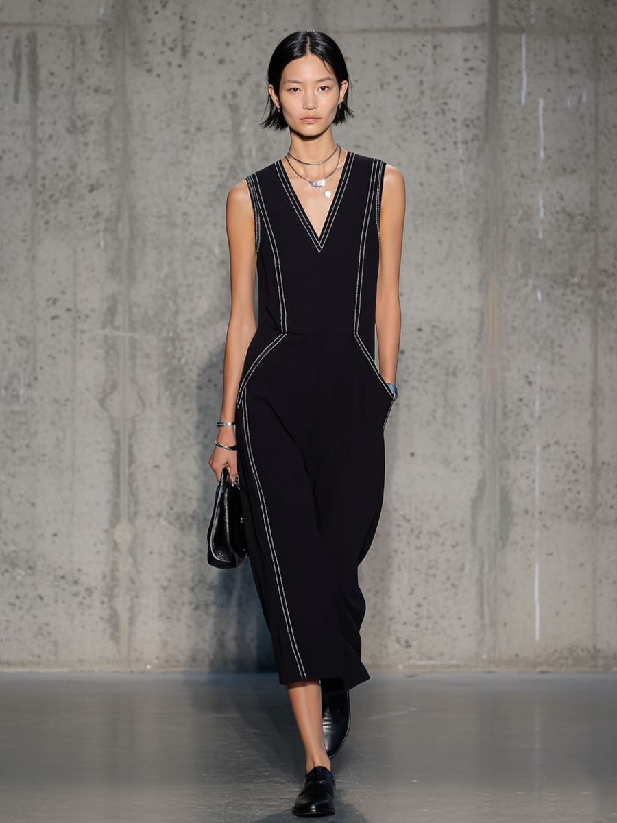 Women's Minimalist Black Knit Cotton Blend Contrast Stitch V-Neck Sleeveless Midi Dress MDZ2131E8GMJ