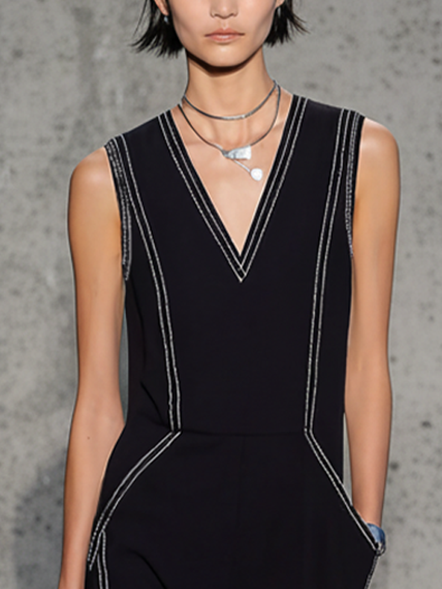 Women's Minimalist Black Knit Cotton Blend Contrast Stitch V-Neck Sleeveless Midi Dress MDZ2131E8GMJ