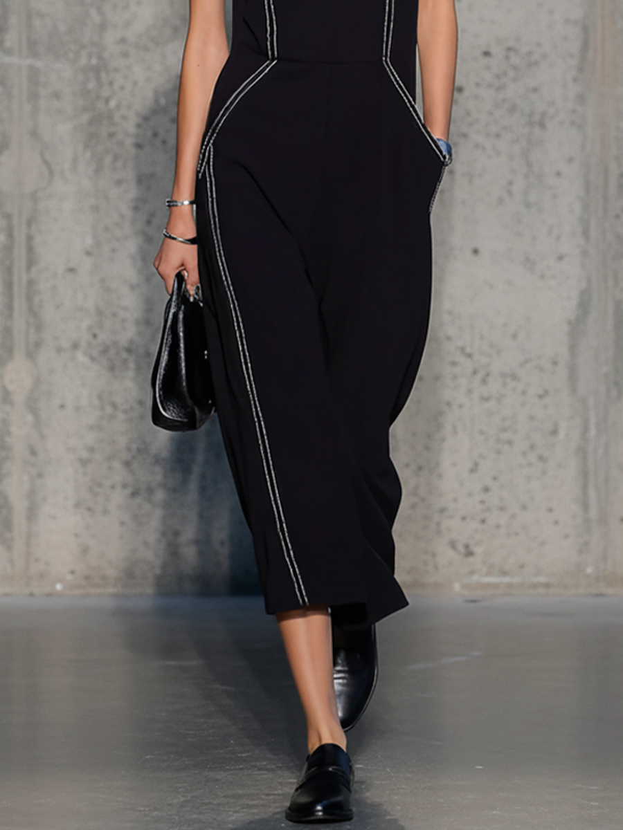Women's Minimalist Black Knit Cotton Blend Contrast Stitch V-Neck Sleeveless Midi Dress MDZ2131E8GMJ