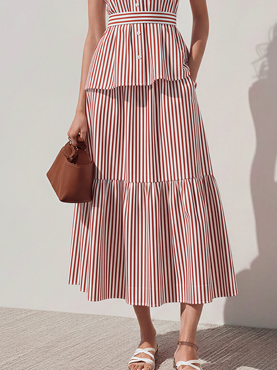 Women's Minimalist Red White Striped Cotton Blend Long Fake Two-piece Shirt Dress MDZ2278E5T