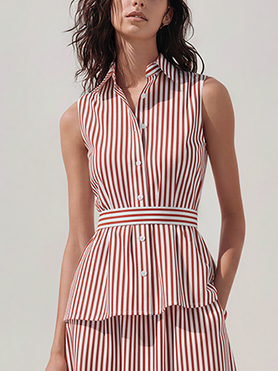 Women's Minimalist Red White Striped Cotton Blend Long Fake Two-piece Shirt Dress MDZ2278E5T