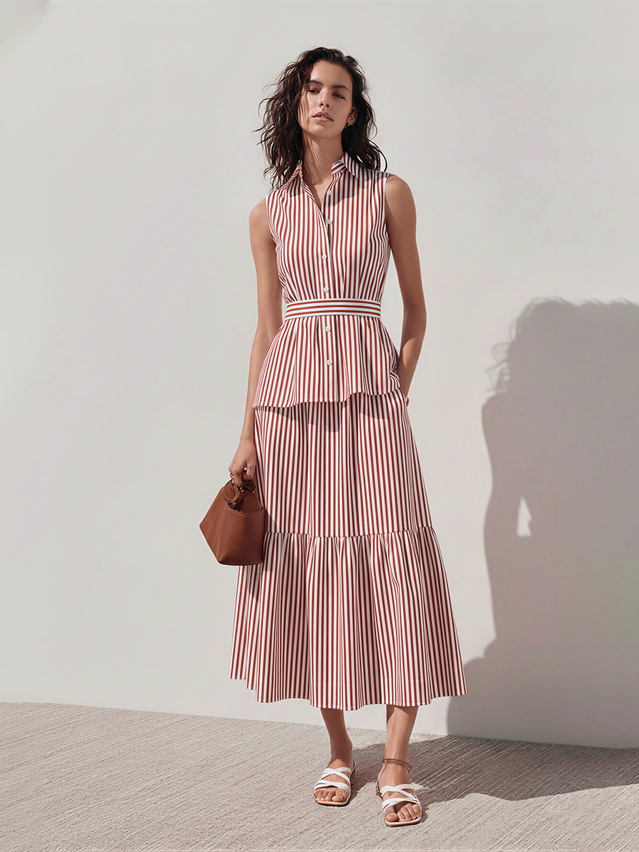 Women's Minimalist Red White Striped Cotton Blend Long Fake Two-piece Shirt Dress MDZ2278E5T