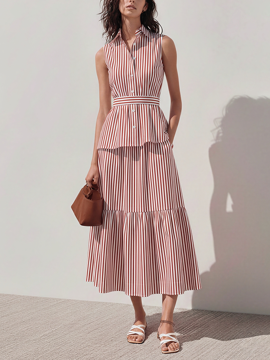 Women's Minimalist Red White Striped Cotton Blend Long Fake Two-piece Shirt Dress MDZ2278E5T