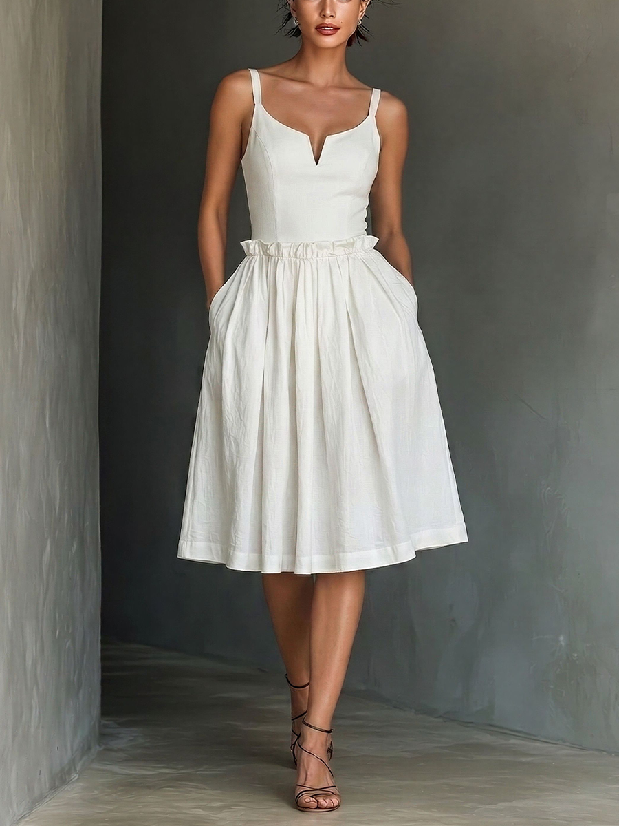 Women’s White Cotton Blend Sweetheart Neckline Midi Dress With Ruffled Waist & Pockets MDZ2242E4T