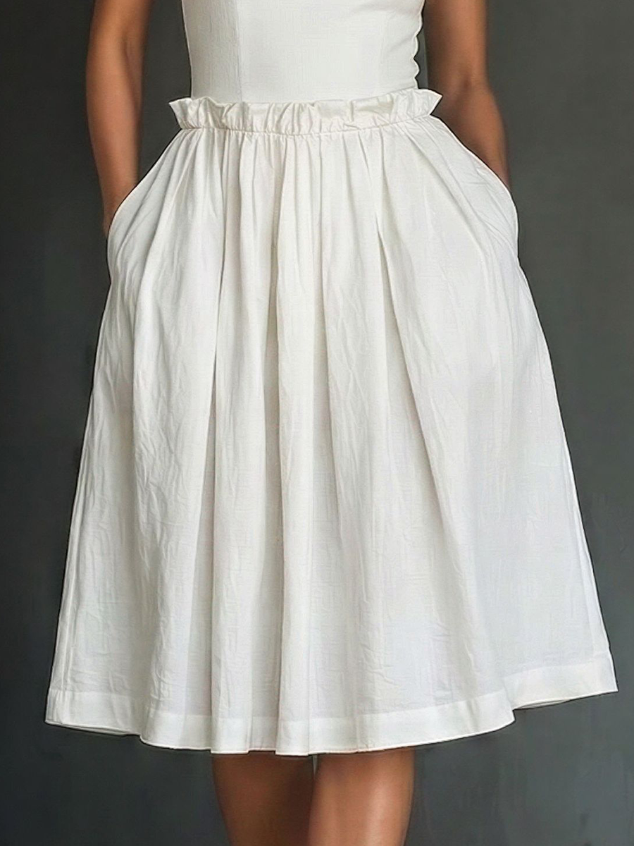 Women’s White Cotton Blend Sweetheart Neckline Midi Dress With Ruffled Waist & Pockets MDZ2242E4T