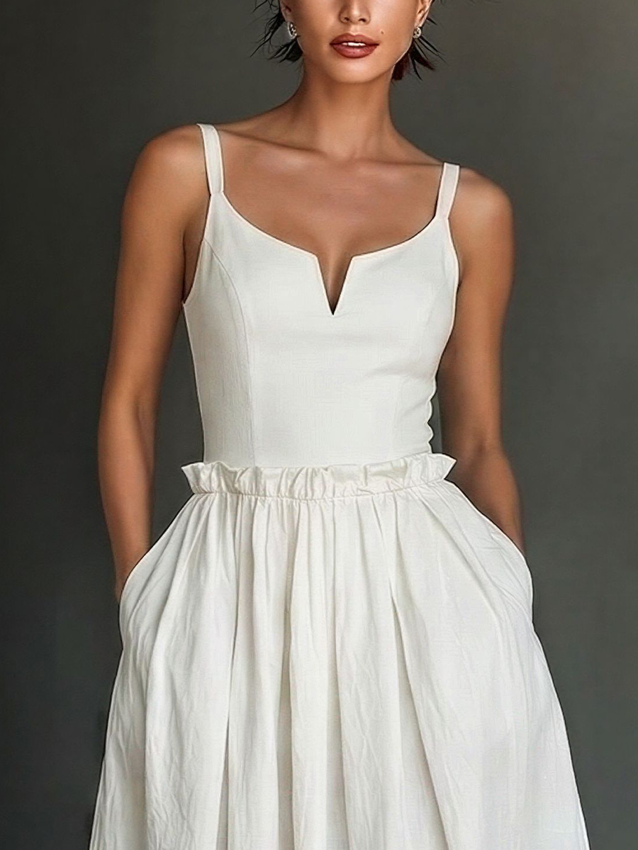 Women’s White Cotton Blend Sweetheart Neckline Midi Dress With Ruffled Waist & Pockets MDZ2242E4T