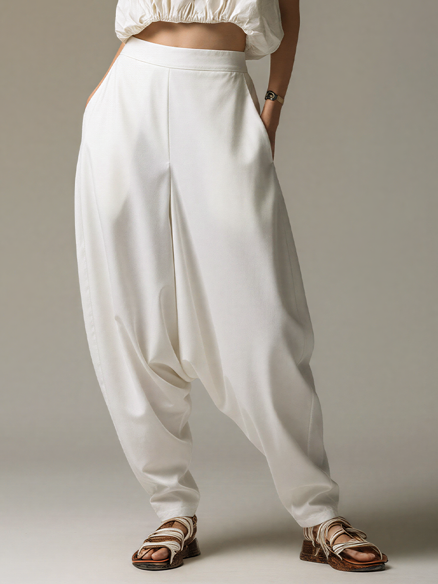 Women’s White High-Waisted Drop-Crotch Harem Pants With Pockets MDZ2212E2T
