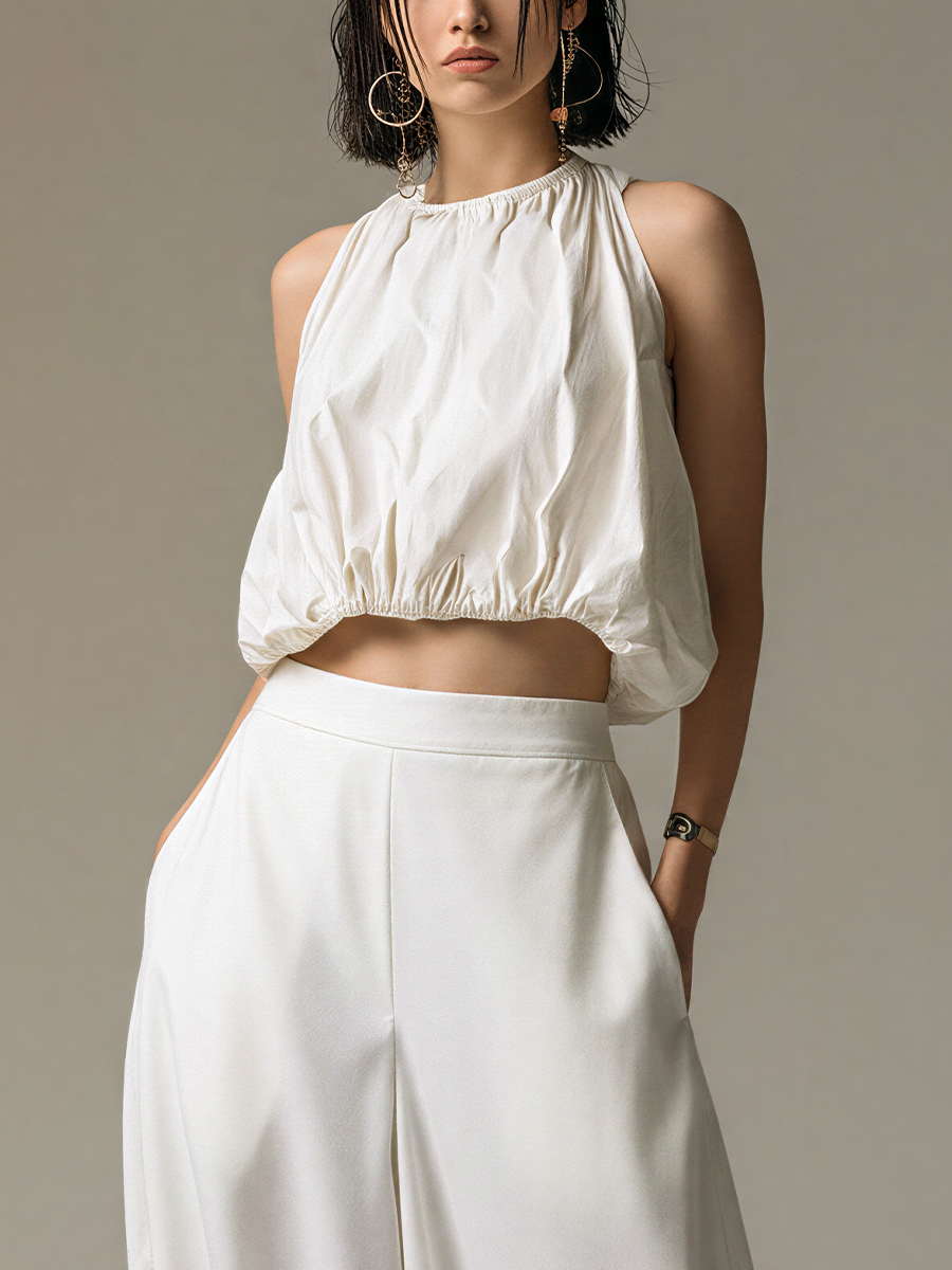 Women’s White Cotton Blend Sleeveless Gathered Halter Neck Crop Top MDZ2266E2T