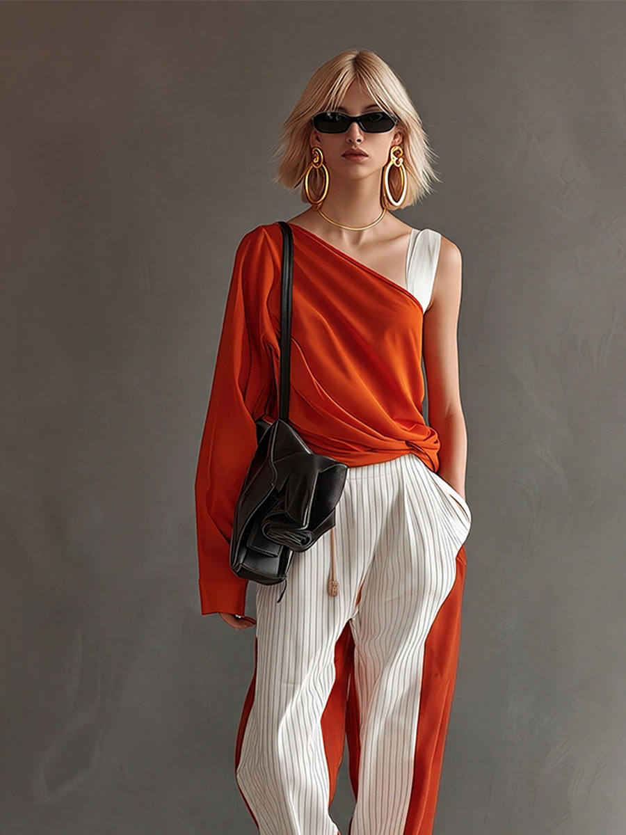 Women's Orange Asymmetrical Blouse & Mixed Stripe Pants Matching Set, Contemporary Versatile Everyday Outfit MDZ2122E5LYL