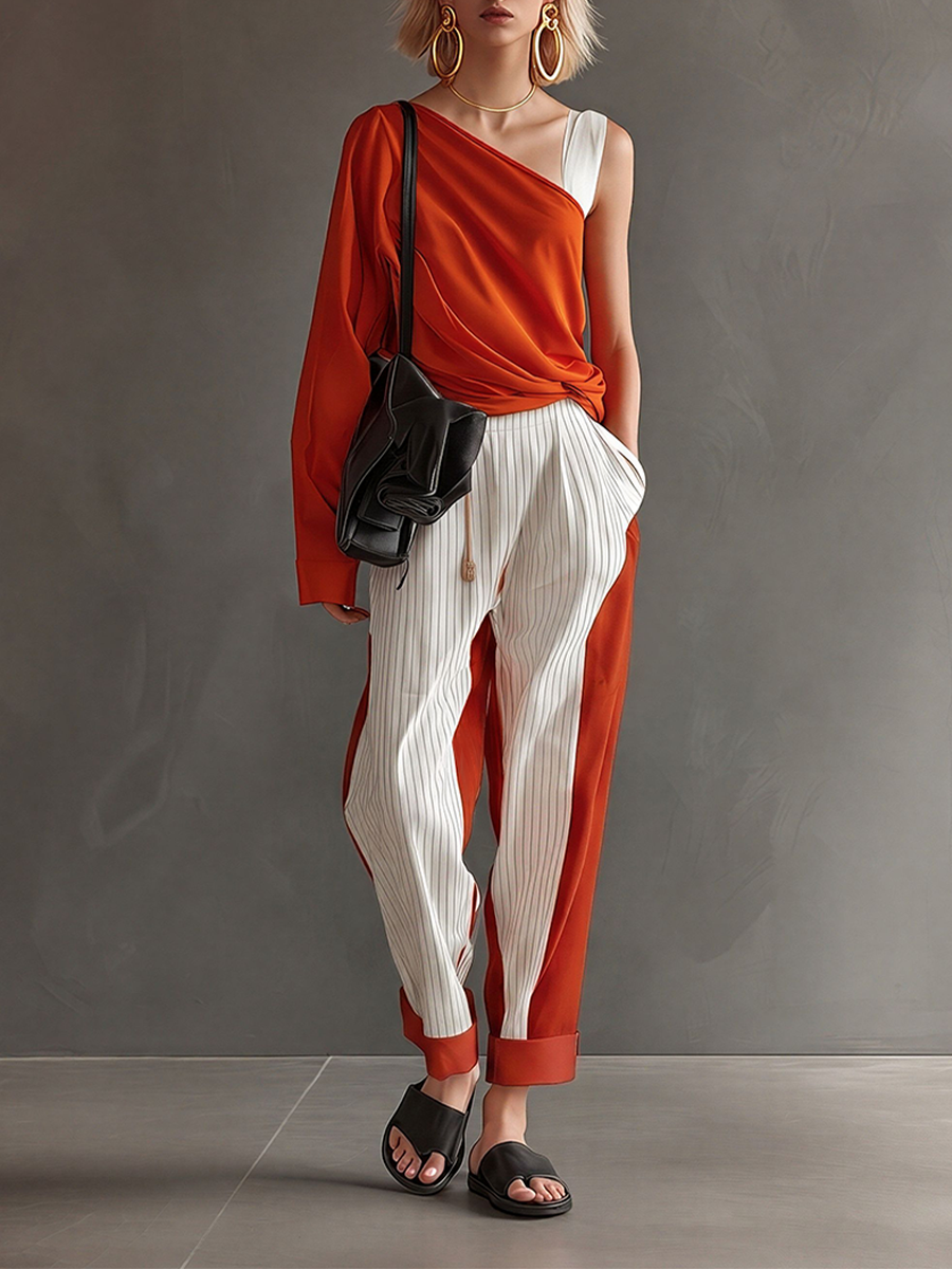 Women's Orange Asymmetrical Blouse & Mixed Stripe Pants Matching Set, Contemporary Versatile Everyday Outfit MDZ2122E5LYL