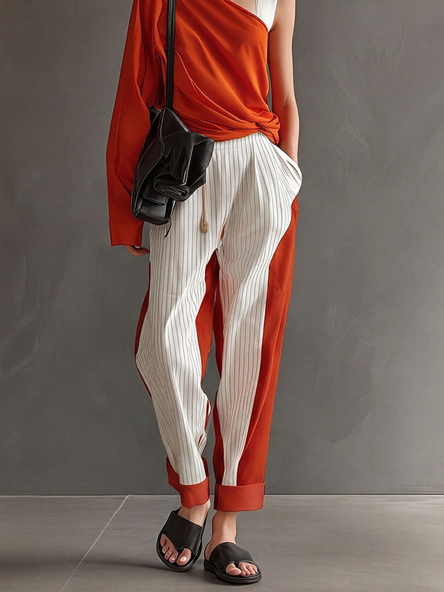 Women's Orange Asymmetrical Blouse & Mixed Stripe Pants Matching Set, Contemporary Versatile Everyday Outfit MDZ2122E5LYL