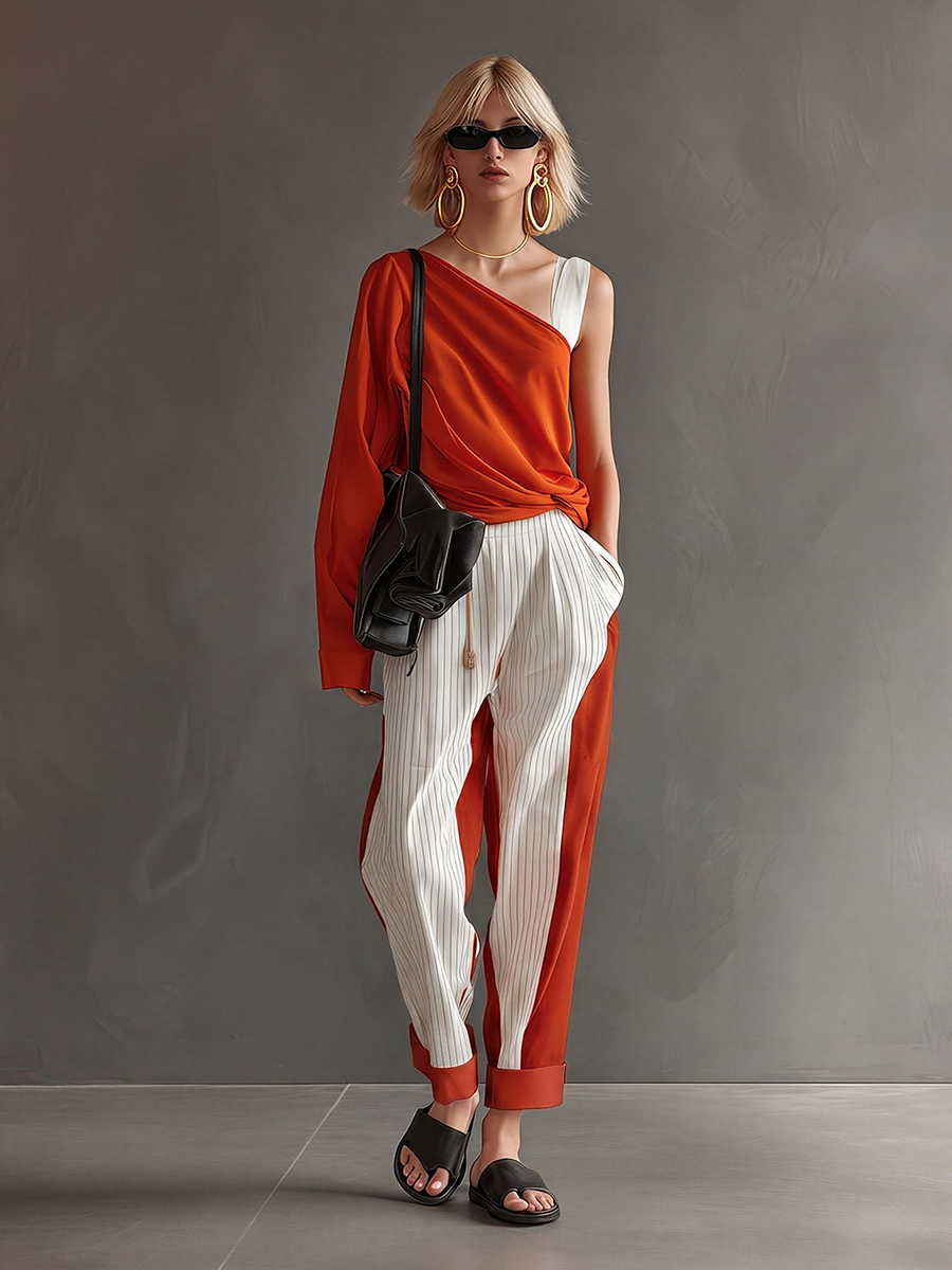 Women's Orange Asymmetrical Blouse & Mixed Stripe Pants Matching Set, Contemporary Versatile Everyday Outfit MDZ2122E5LYL