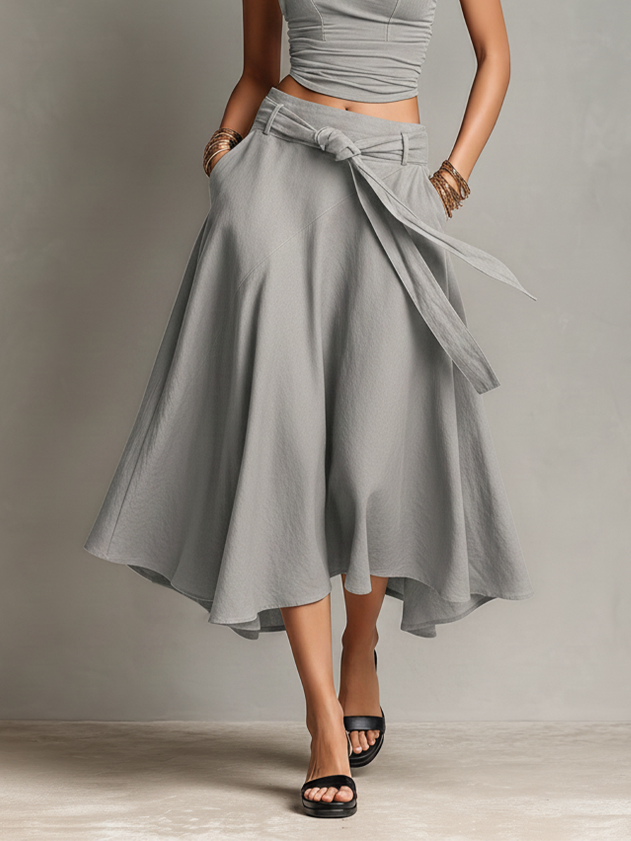 Women's Asymmetrical Grey Co-Ord With Ruched One-Shoulder Top & High-Low Flared Skirt, Modern Effortless-Chic Outfit MDZ2117E6LYL