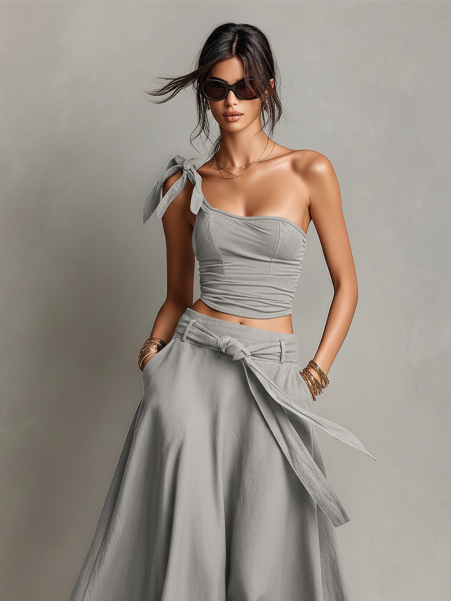 Women's Asymmetrical Grey Co-Ord With Ruched One-Shoulder Top & High-Low Flared Skirt, Modern Effortless-Chic Outfit MDZ2117E6LYL