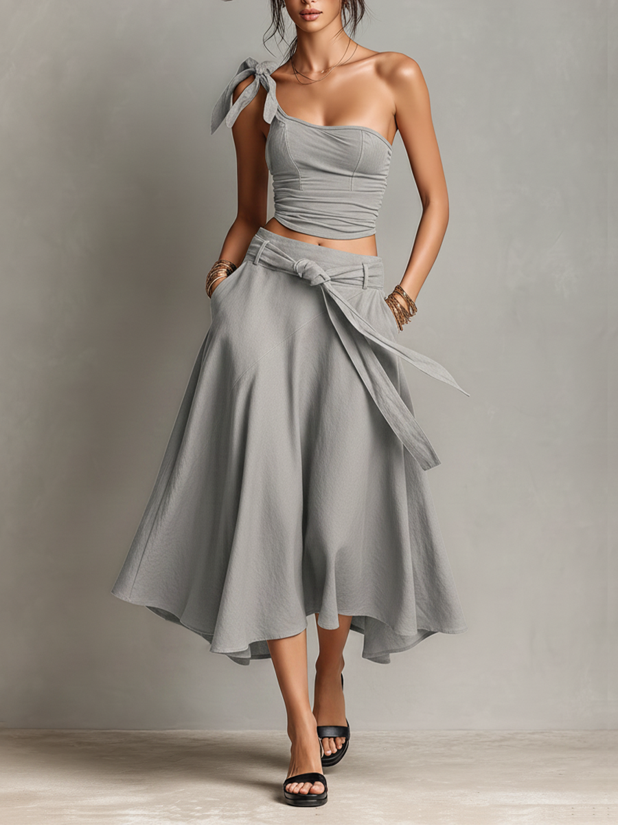 Women's Asymmetrical Grey Co-Ord With Ruched One-Shoulder Top & High-Low Flared Skirt, Modern Effortless-Chic Outfit MDZ2117E6LYL