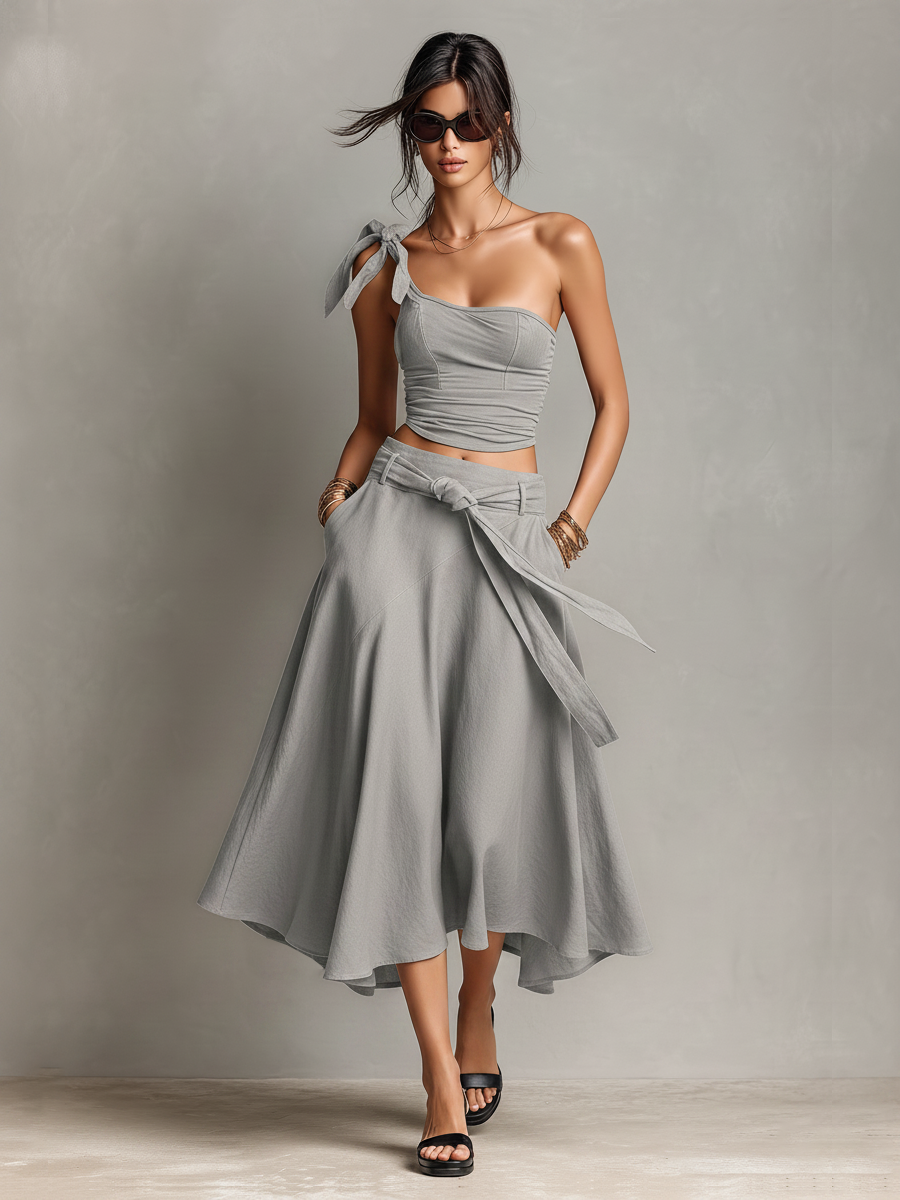 Women's Asymmetrical Grey Co-Ord With Ruched One-Shoulder Top & High-Low Flared Skirt, Modern Effortless-Chic Outfit MDZ2117E6LYL
