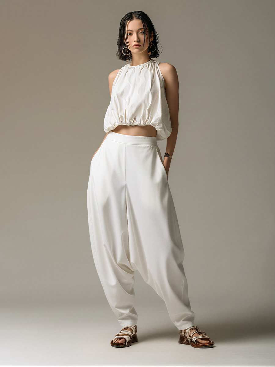 Women’s White Cotton Blend Sleeveless Gathered Halter Neck Crop Top MDZ2266E2T