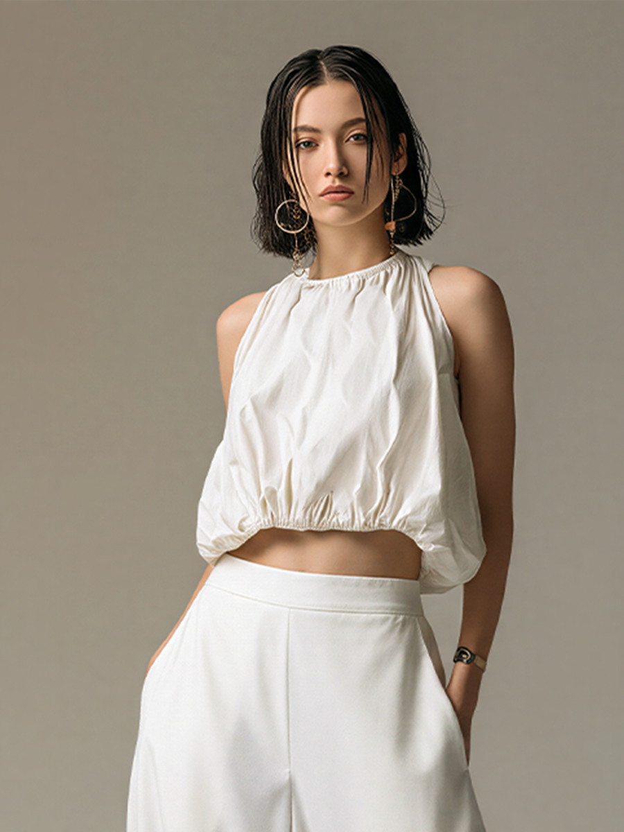 Women’s White Cotton Blend Sleeveless Gathered Halter Neck Crop Top MDZ2266E2T