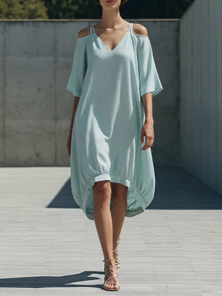 Women's Mint Green Linen-Blend Cold-Shoulder Dress With Double Strap & High-Low Hem, Modern Effortless-Chic Everyday Dress MDZ2239E8LYL